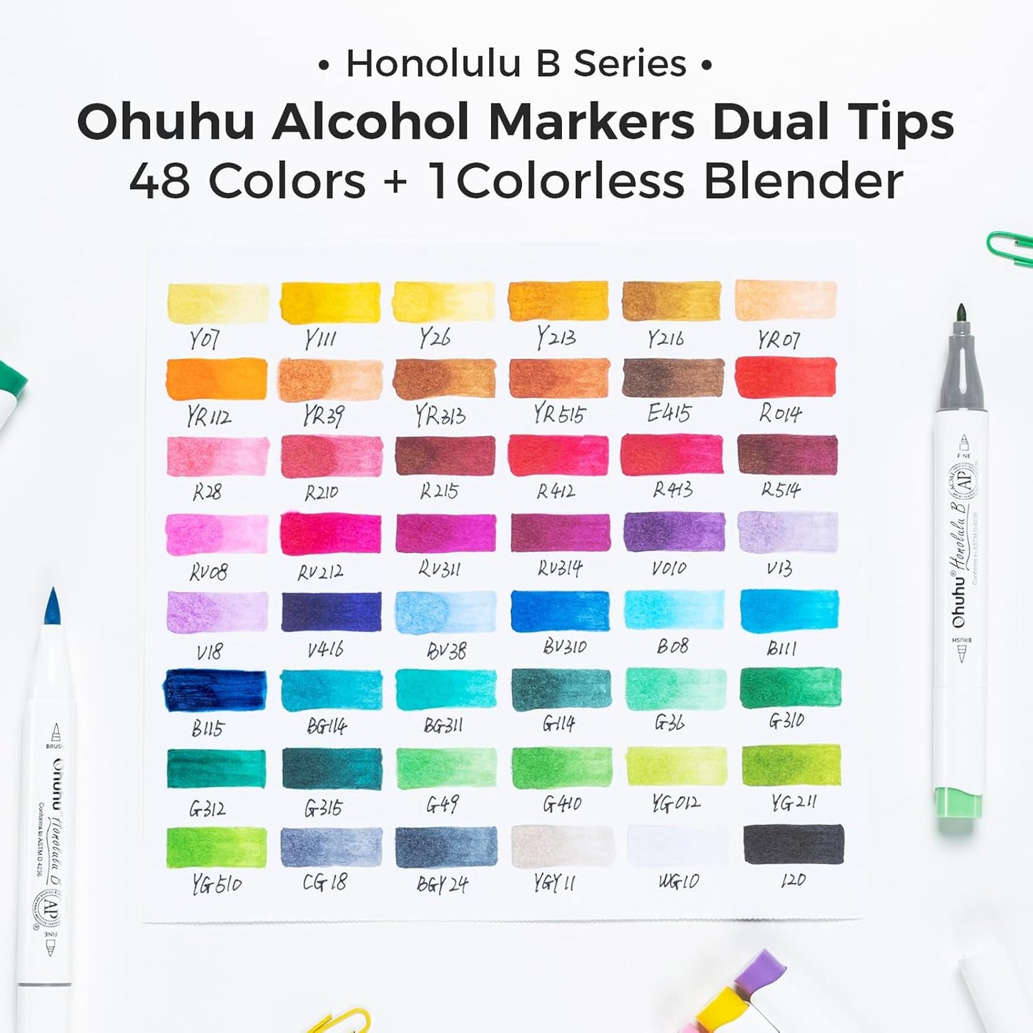 Ohuhu Alcohol Markers Brush Tip -Double Tipped Art Marker Set for Artist Adults Coloring Illustration -48 Colors -Brush & Fine -Honolulu B -Refillable