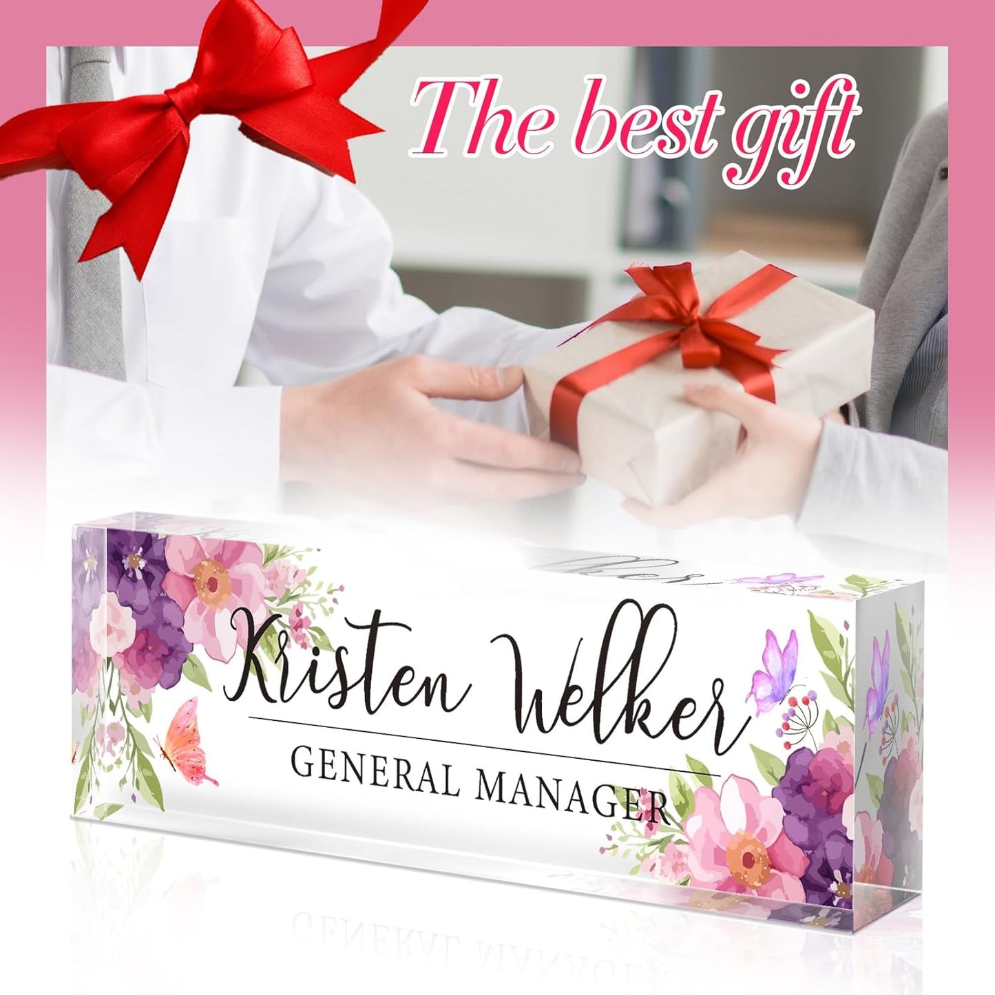 Personalized Name Plate for Desk - Custom Engraved Name Plates for Man - Boss Day Gifts for Boss - Acrylic Office Decor Appreciation Gifts for Teacher Nurse Coworker Social Worker (Bouquet)