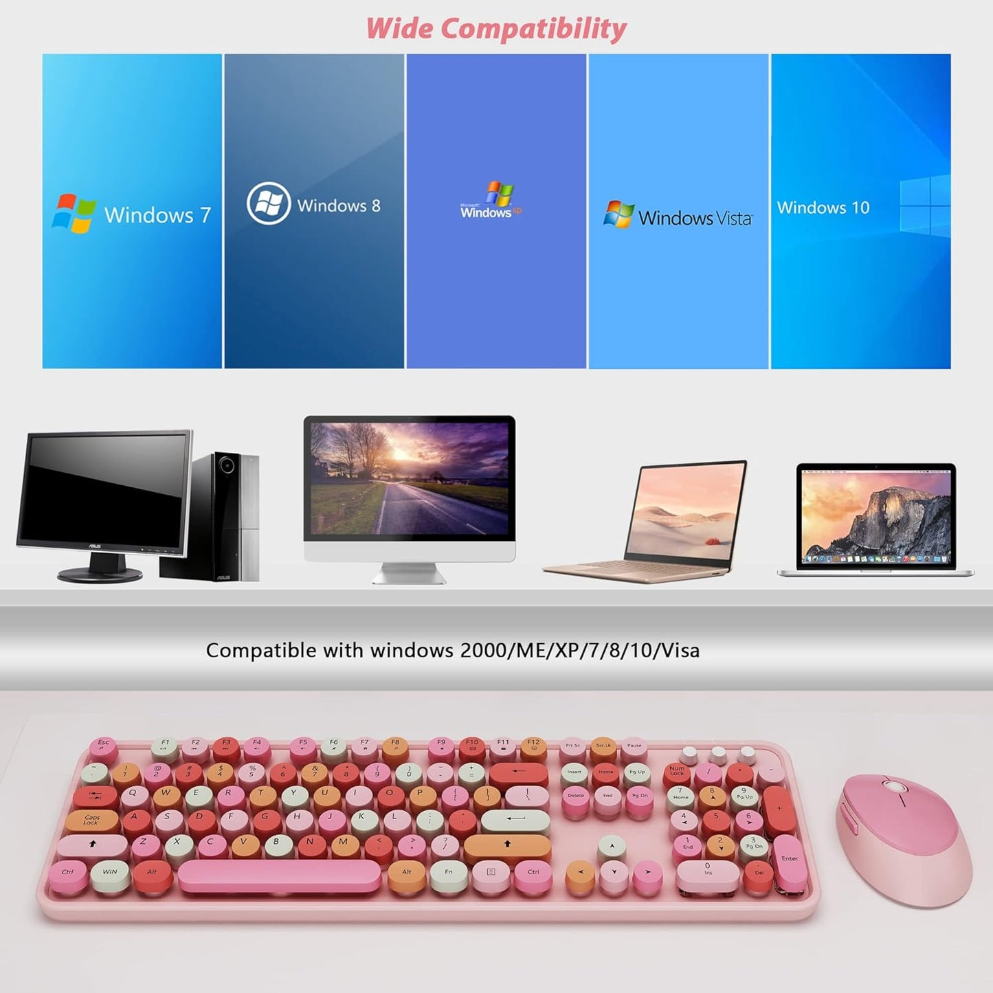 Cute Pink Wireless Keyboard and Mouse, 2.4G Retro Round Keycap for PC, Mac, Laptop, Tablet, Computer Windows