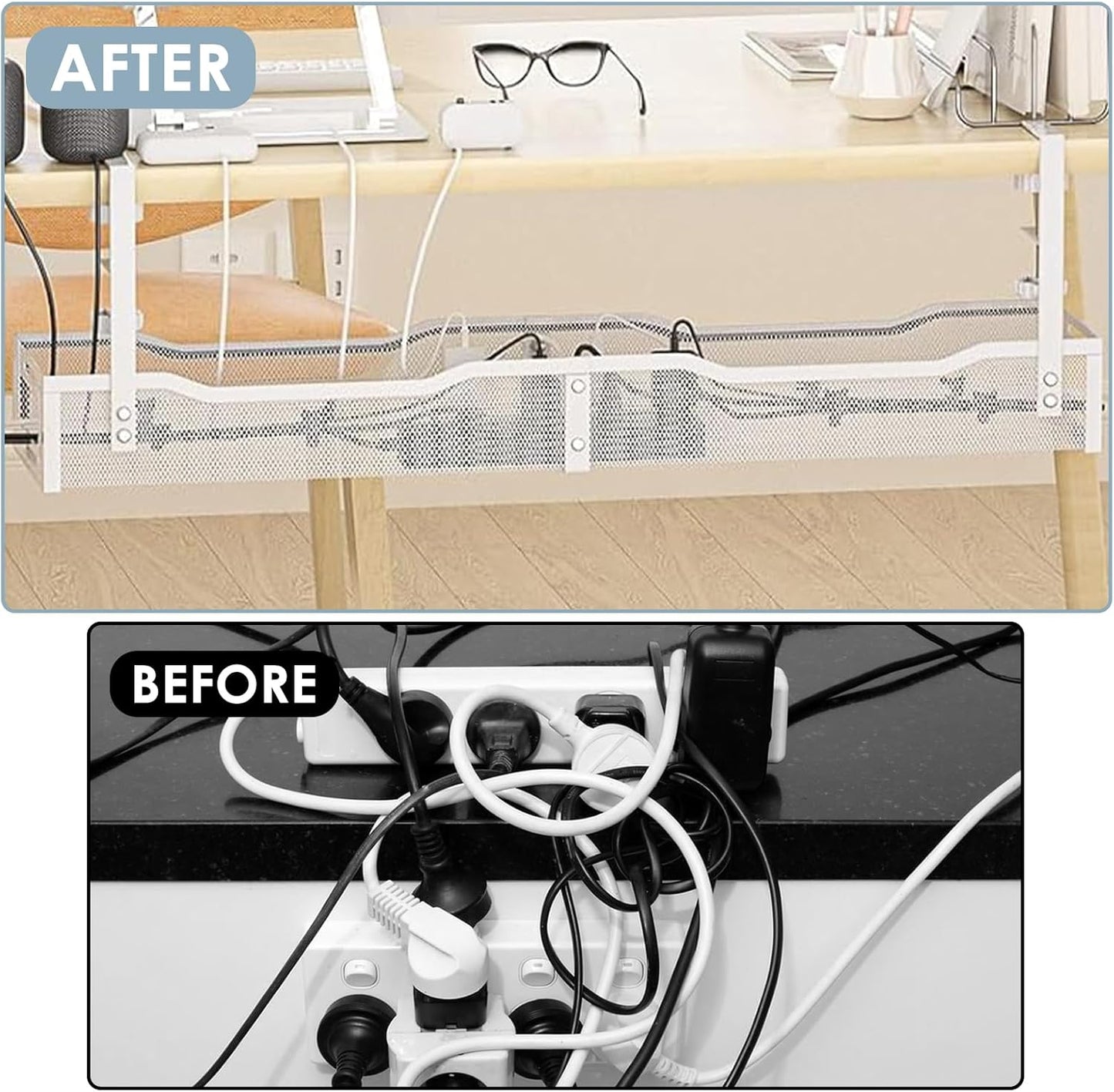 Cable Management, 25'' Cable Management Under Desk No Drill, Metal Cord Organizer with Clamp for Standing Desk, Cable Organizer for Home Office, White