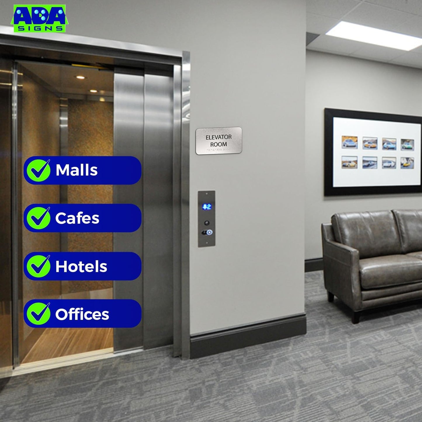 ADA Elevator Room Sign for Business - Office Signs, Aluminum Brushed Silver, Tamper-Proof, Heavy Duty Mounting Tape, Easy Install, Office Décor, ADA Compliant, Grade 2 Braille (7” W x 4” H) ADASigns.org