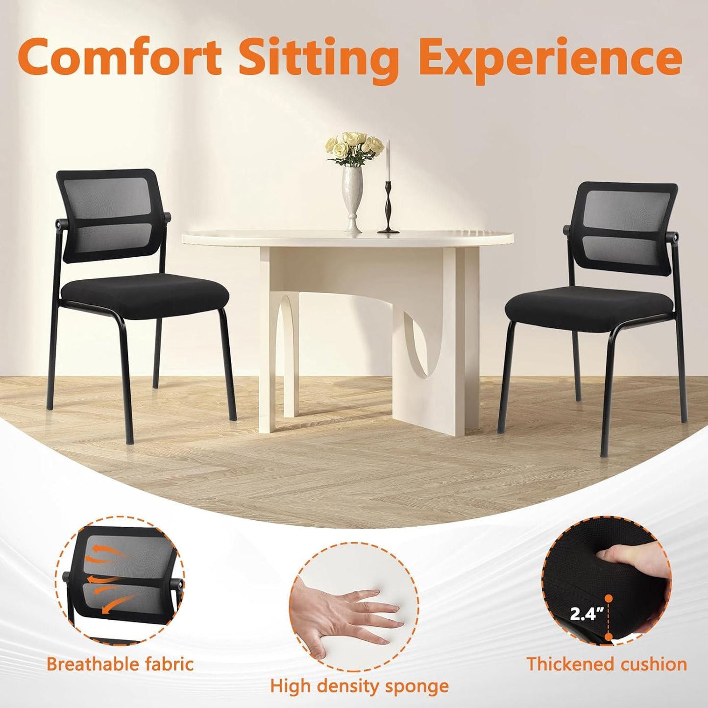 CLATINA Stacking Armless Office Waiting Room Chair with Adjustable Backrest, Stackable Mesh Guest Reception Desk Chairs with Ergonomic Lumbar Support for Home Conference Lobby Side School, Black