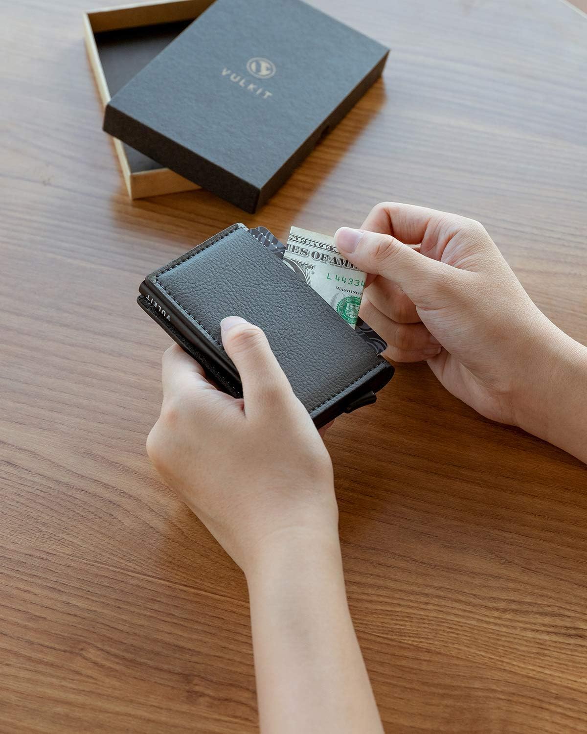 VULKIT Credit Card Holder RFID Blocking Leather Automatic Pop Up Wallet Aluminum Slim Pocket Business Card Case