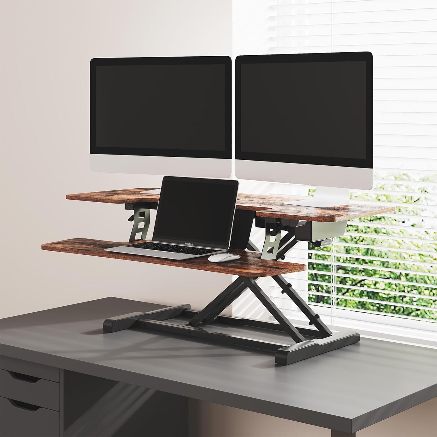 FLEXISPOT Electric Standing Desk Converter 40" Height Motorized Adjustable Stand up Desk Riser with Quick Release Keyboard Tray, Rustic Color