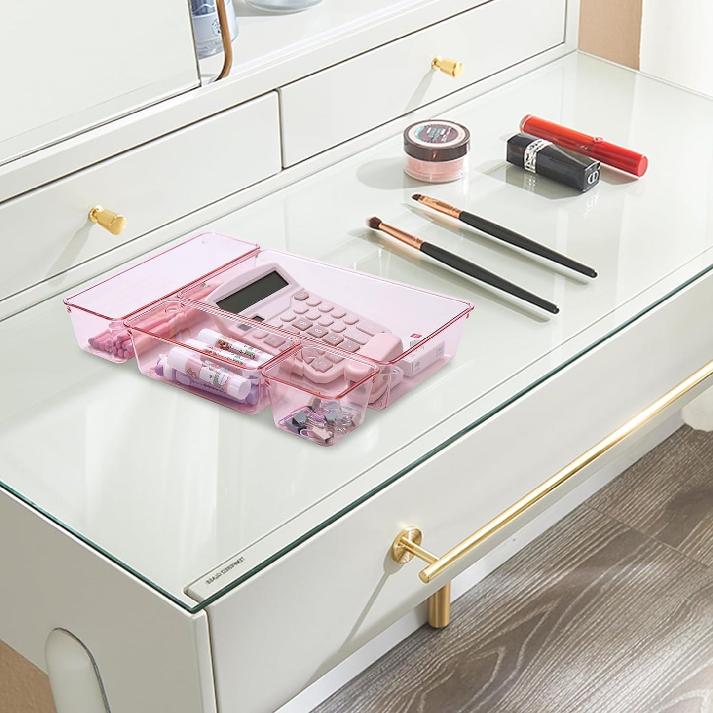 Kitchen Desk Drawer Organizers Storage for Office, Small Acrylic Vanity Trays Makeup Organizer for Drawer Bathroom Plastic Make up Organizers 25 Pcs Pink