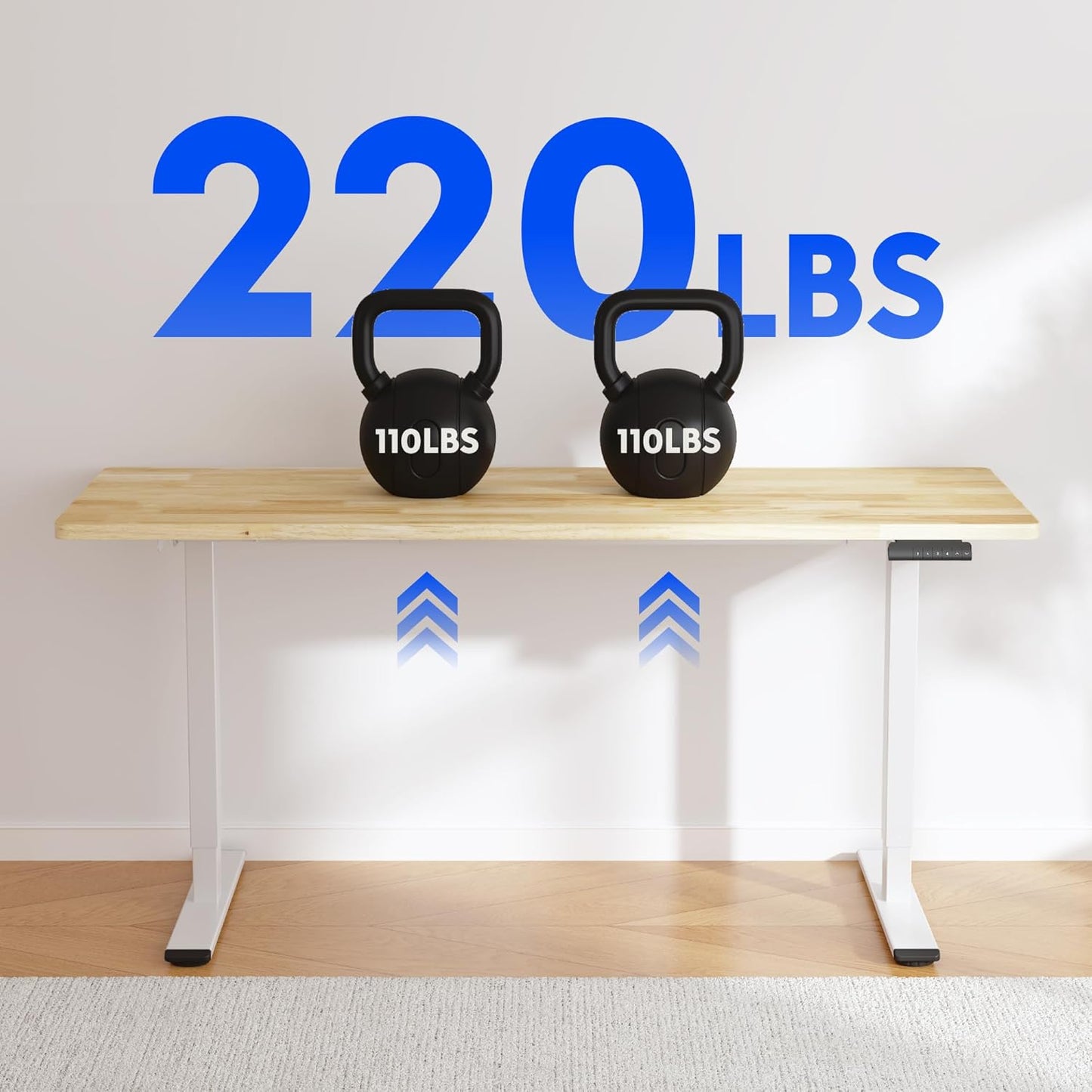 FLEXISPOT E3 Solid Wood Dual Motor Standing Desk 63x24 Inch Whole-Piece Board Electric Height Adjustable Stand Up Desk (White Frame + Rubber Wood Desktop)