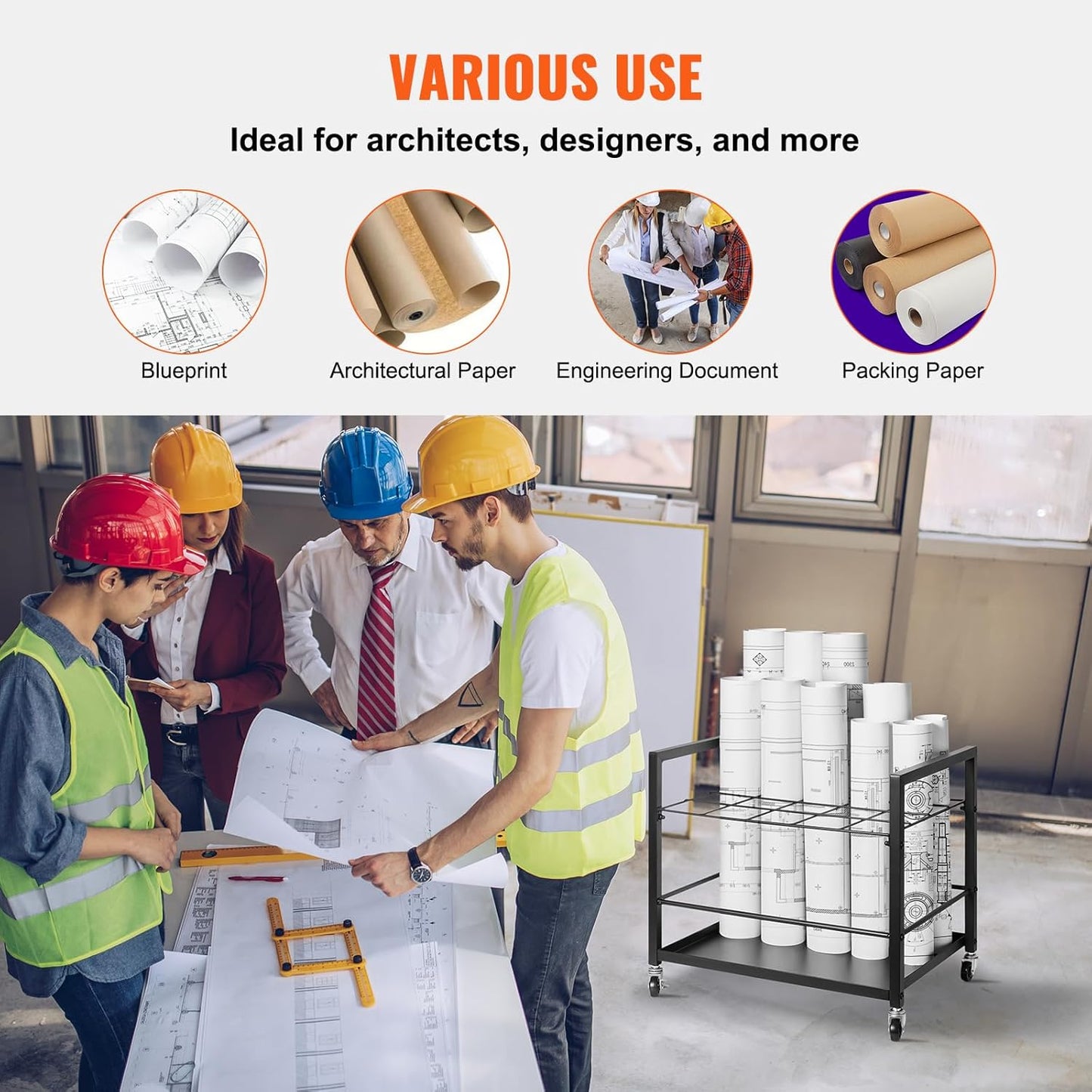 VEVOR Blueprint Storage Rack, 20 Slots Blueprint Holder with Wheels, Mobile Metal Blueprint Storage Cart for Map Poster Architectural Construction Plan, Roll File Organizer for Home, Office, School