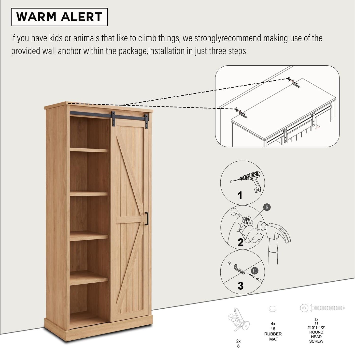 72” Tall Farmhouse Bookshelf, 32” Wide Large Wooden Bookcase w/Sliding Barn Door, 5-Tier Storage Cabinet with Adjustable Shelves, Modern Versatile Cabinet for Living Room, Offices, Natural Oak