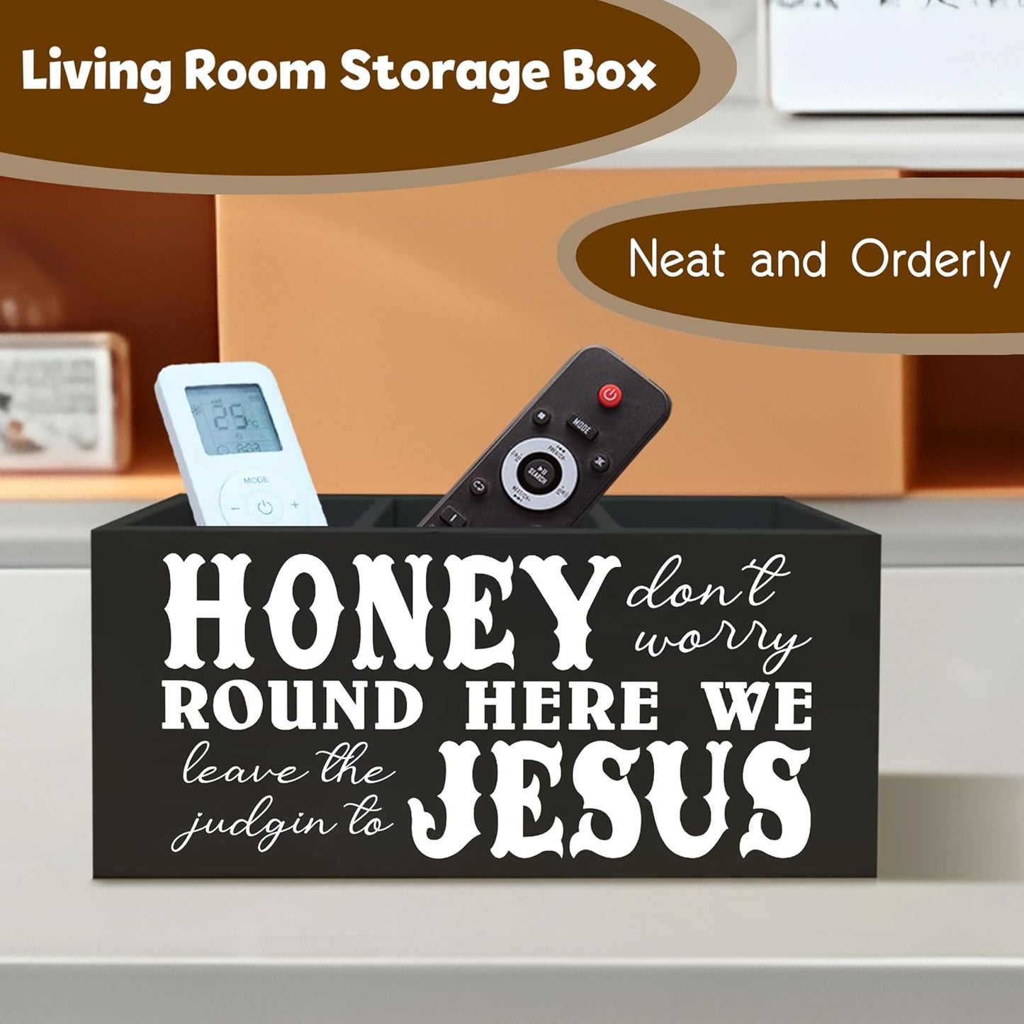 Christian Sign Decor for Desk Pen Holder, Honey Round Here We Jesus Christian Gifts for Women,Jesus Home Shelf Decor Wooden Pencil Holder for Office Desk Accessories