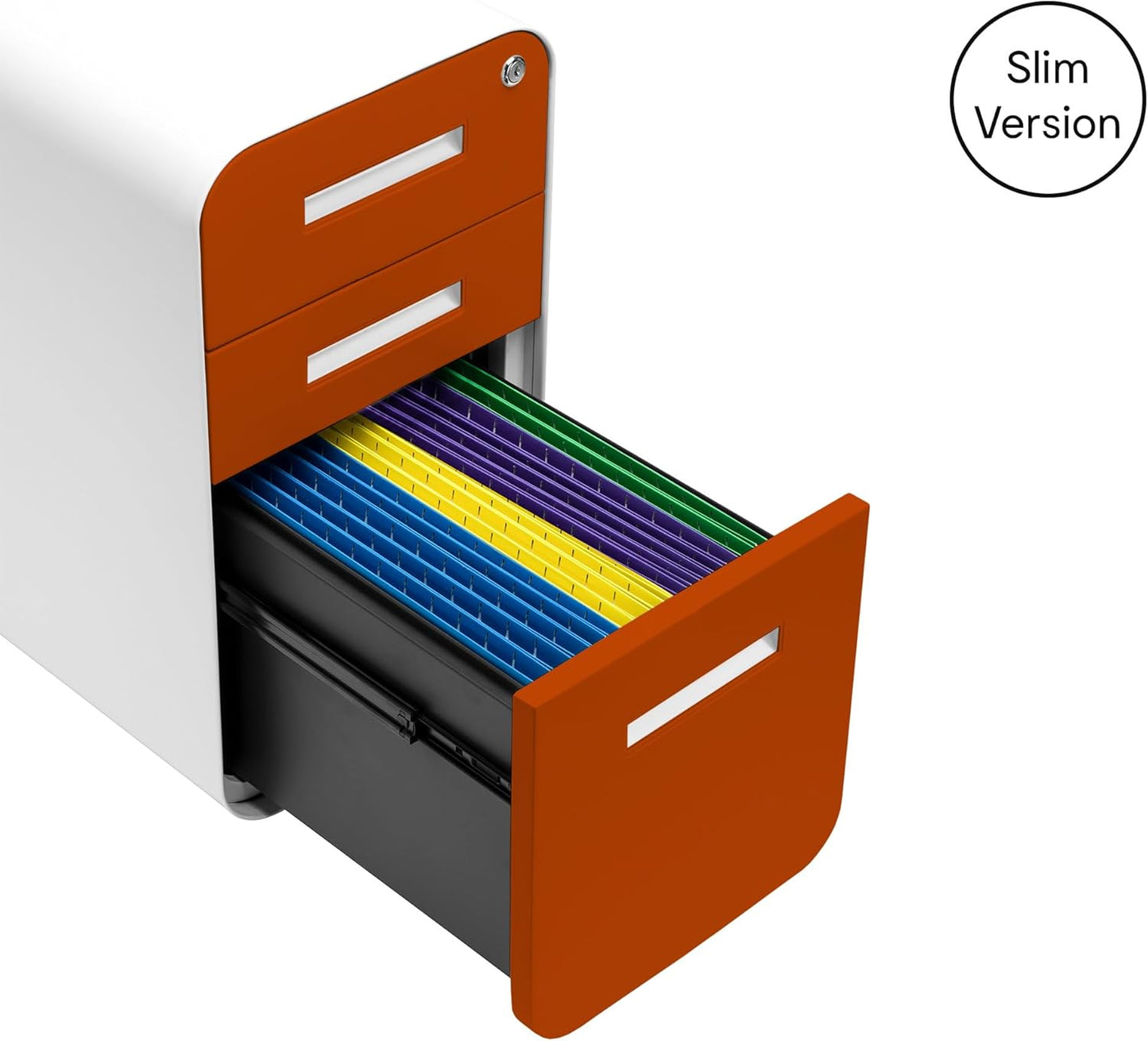 Laura Davidson Furniture Stockpile Slim 3-Drawer Mobile File Cabinet with Lock - Under Desk Metal Filing Cabinet, Legal/Letter File Folders, Wheels and Stationary Feet, Pre-Assembled, Orange Faceplate