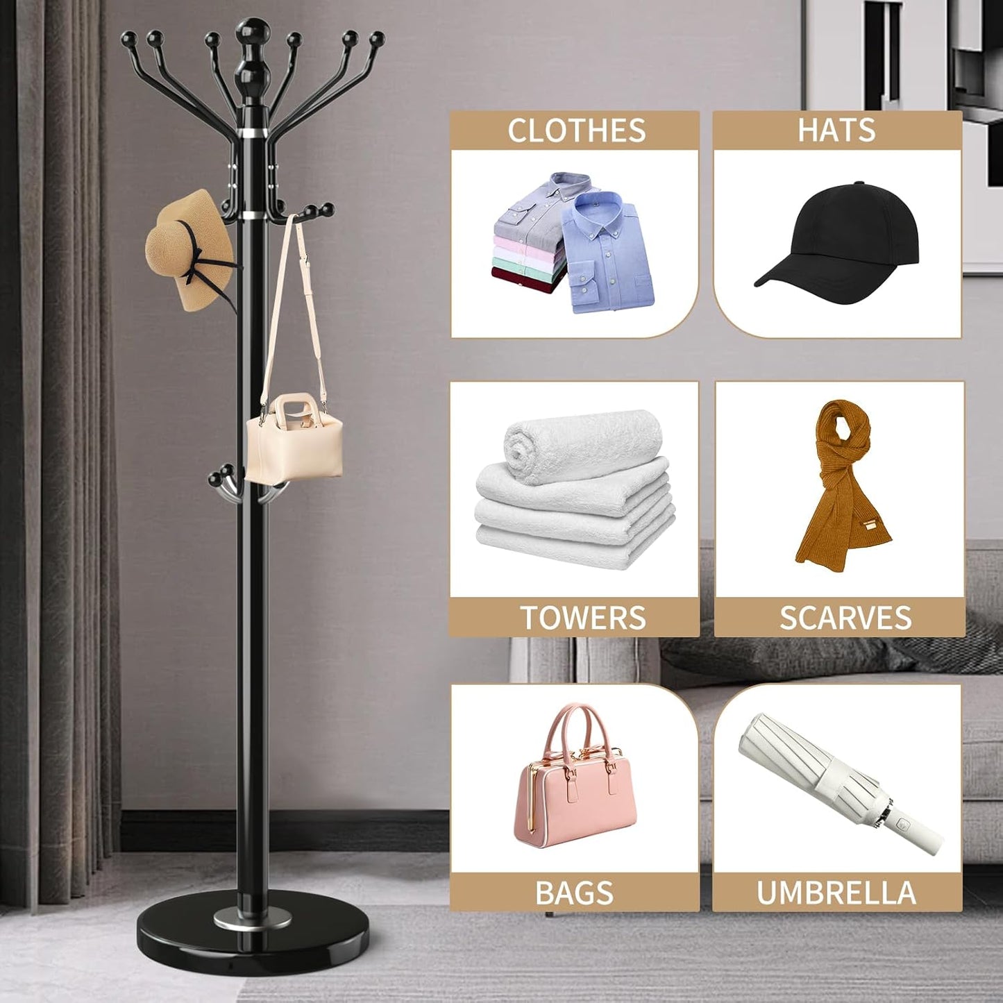 Metal Modern Coat Rack Stand, Sturdy Freestanding Coat Rack with Natural Marble Base, Coat Racks and Coat Hall Tree Hanger Stand for Entryway, Hallway, Office (16 Hooks-Black)