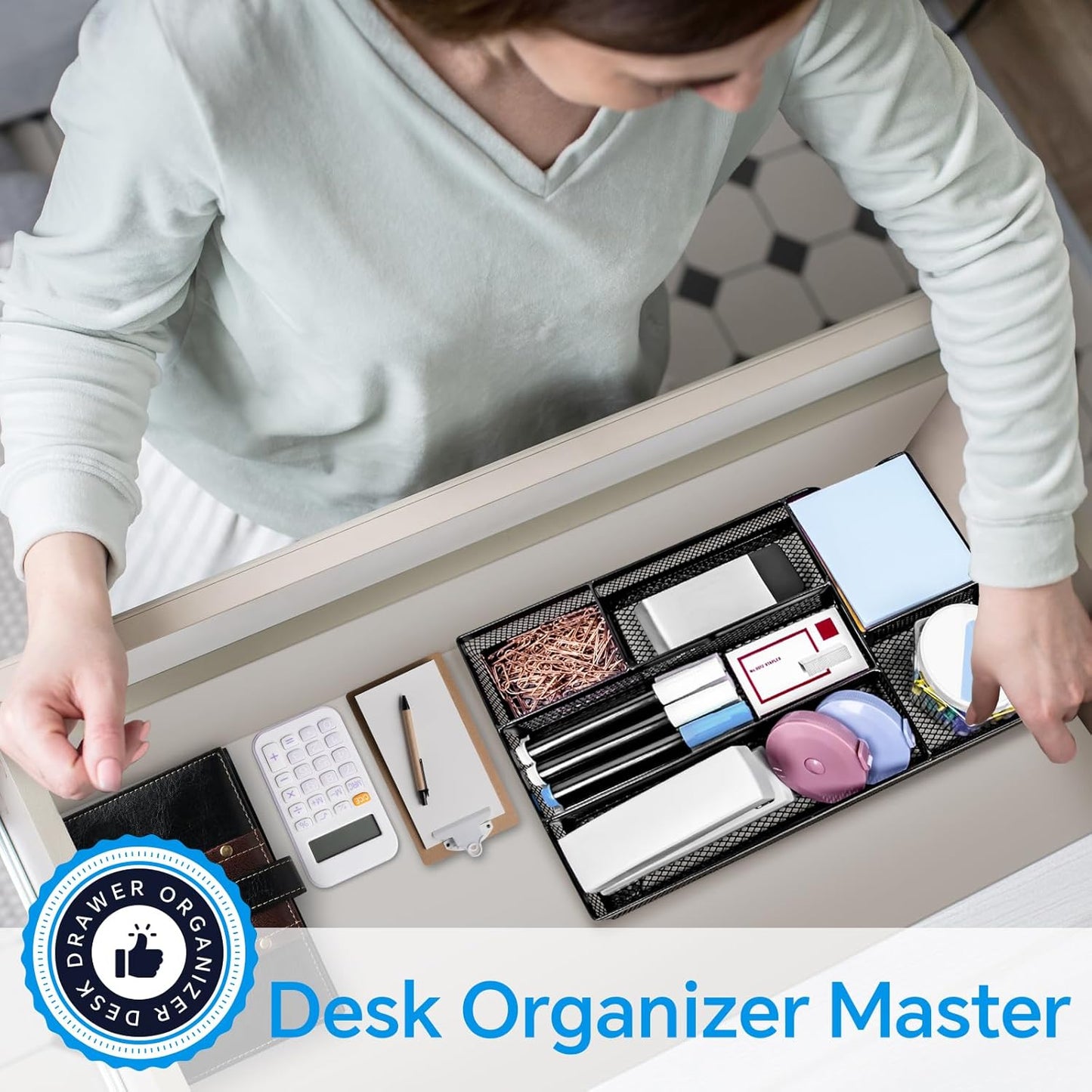 Desk Drawer Organizer, Office Drawer Divider Organizer Tray with 6 Compartments, Metal Mesh Desktop Organization and Accessories for Stationery Makeup Kitchen Toolroom School & Office, 11x6.1x1.38 in