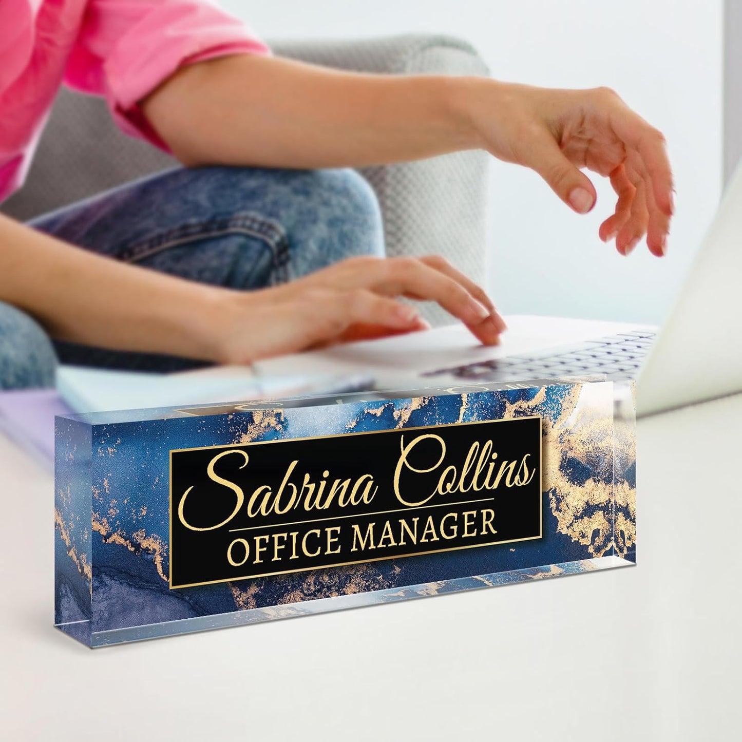 Name Plate for Desk, Desk Name Plate Personalized, Office Decor for Women Men, Acrylic Desktop Accessories, Office Appreciation Gifts for Boss Social Workers Nurse Teacher Employee (Blue Coast B)