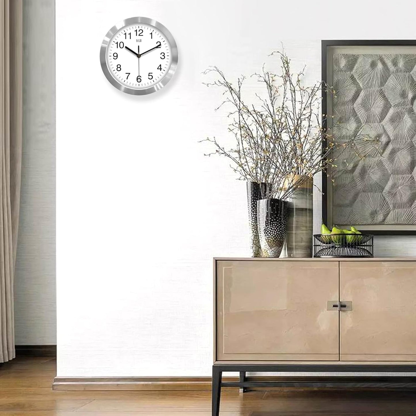 HITO 10 Inch Silent Wall Clock Battery Operated Non Ticking Glass Cover Silver Aluminum Frame, for Kitchen, Bedroom, Home Office, Living Room Decor