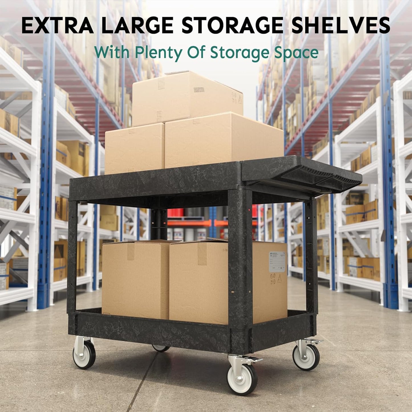 Utility Cart on Wheels, Heavy Duty Large Flat Top Rolling Service Cart, 46 x 25 Inch Work Carts, 2 Shelf 1000 lbs Capacity Plastic Tool Cart, for Warehouse, Garage, Cleaning, Black