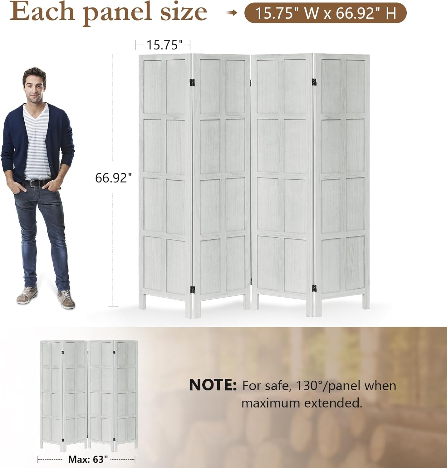 4 Panel Room Divider, 5.6Ft Wood Room Dividers and Folding Privacy Screens, Room Divider Wall Freestanding Room Partitions, Room Dividers Screen for Home Office Restaurant Bedroom, White