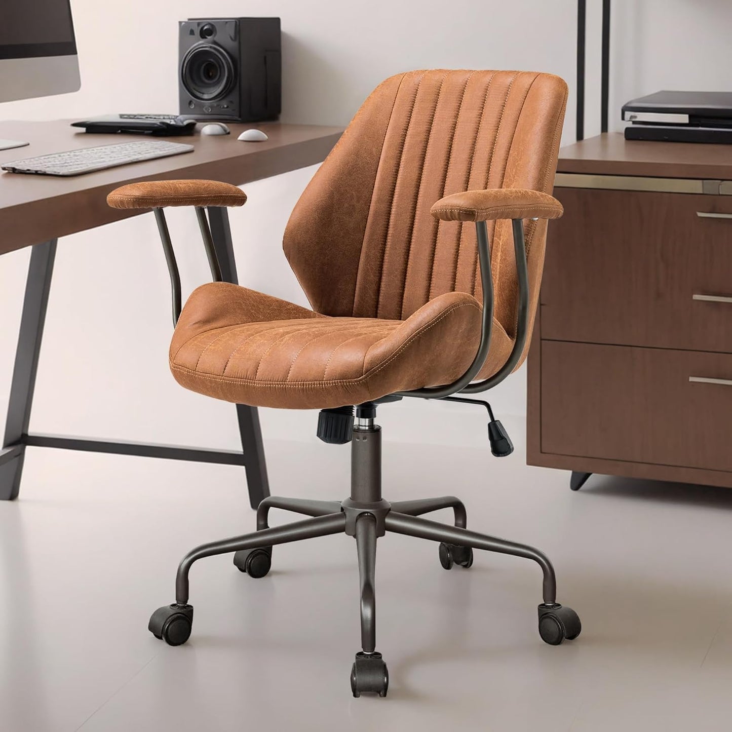 Mid Century Modren Office Chair - Mid Back Swivel Executive Chair with Lumbar Support,Ergonomic Computer Desk Chair with Wheels,Faux Lether Suede Task Chair,350lbs (Brown, Mid Back)