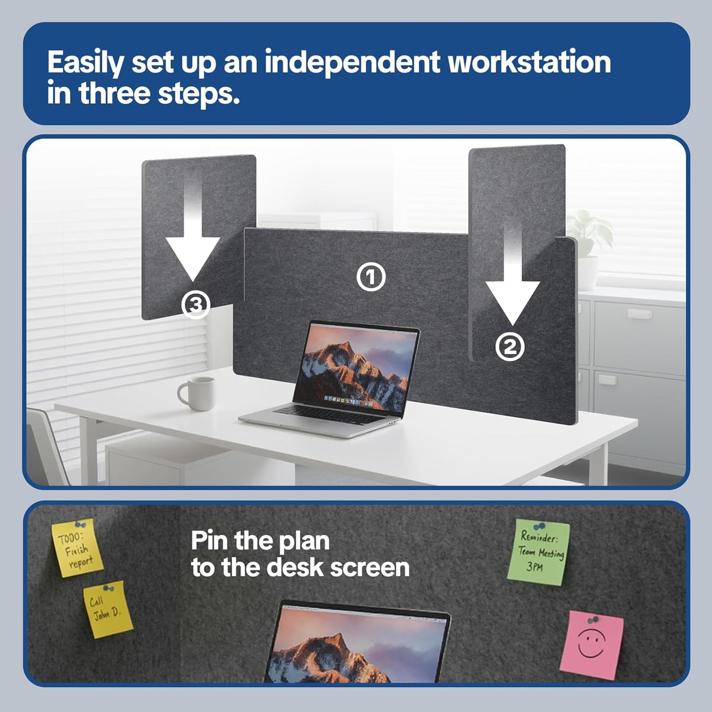 Desk Divider Privacy Screen 3 Panel Sound Absorbing - 47.2”x 23.6”x 19.7” Freestanding Acoustic Partitions for Office, Noise Reducing Panels for School, Home, Library,Dark Grey