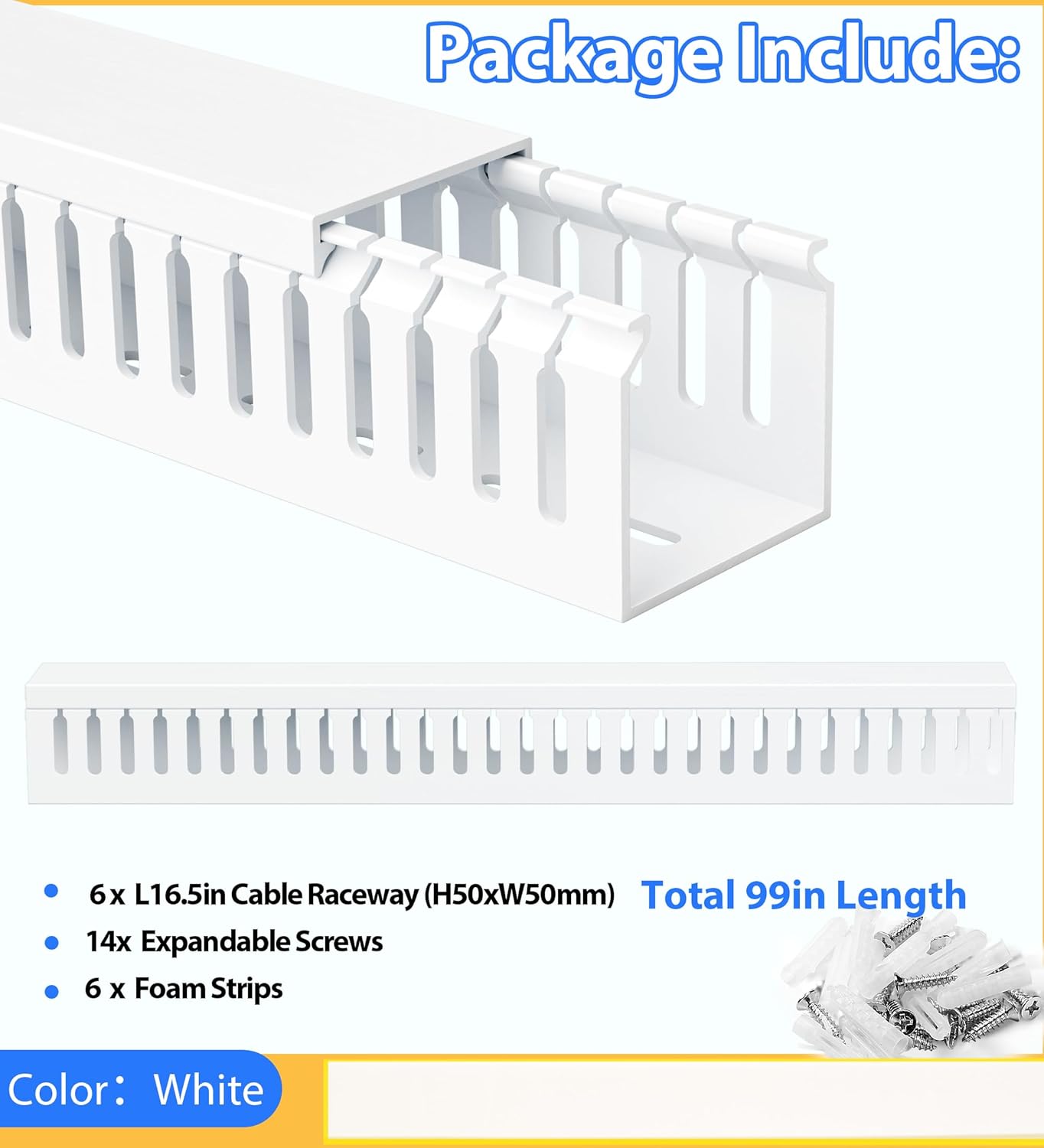 ZhiYo 99in (6X L16.5in) Professional Server Rack Cable Management Raceway, H2 x W2in Cable Raceway Kit, Electrically Safe PVC Open Slot Wire Raceway for Under Desk/Computer/Network Cords, White
