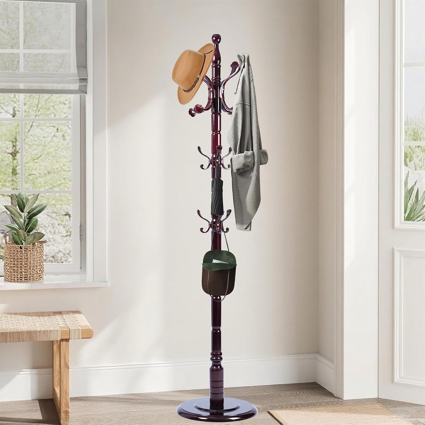 Wooden Coat Rack Freestanding with Resin Hooks, Adjustable Heavy Duty Stand for Hanging Coats, Bags, Hats, and Umbrellas in Living Room, Bedroom, Entryway (Rosewood-Ruyi Hook)