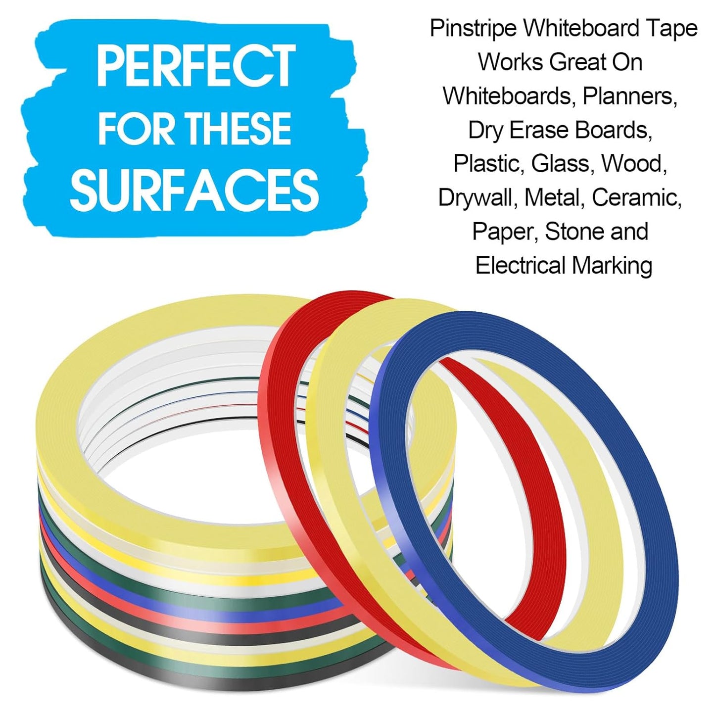 Whiteboard Tape, 16 Rolls 1/8 inch Pinstripe Tape Dry Erase Tape White Board Pinstriping Tape Line, Thin Colors Draping Tape 164 Feet Per Roll, Dry Erase and White Board Accessories, Chart Tape