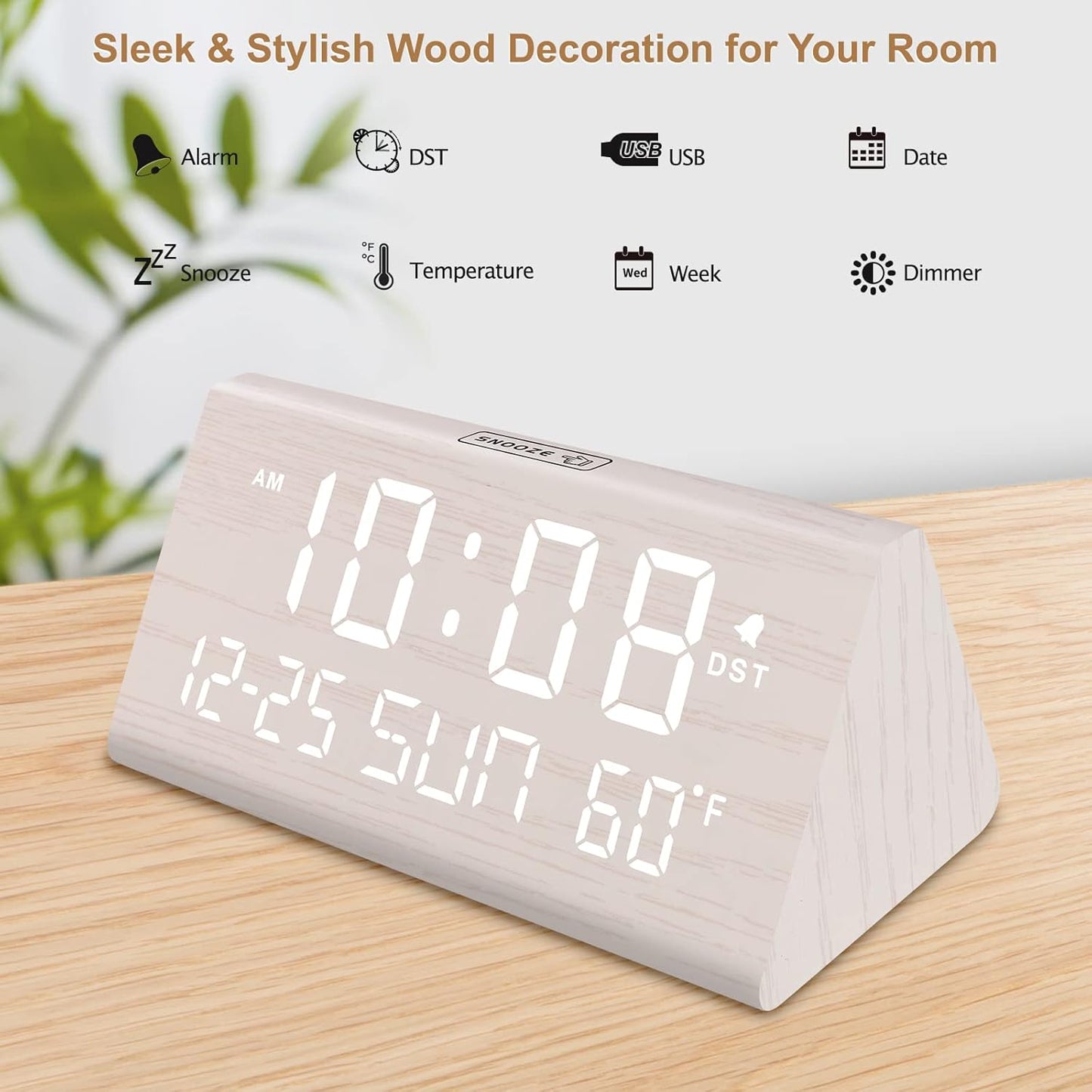 DreamSky Digital Alarm Clocks for Bedrooms - Wooden Desk Clock with Date, Day of Week, USB Port, Temperature, Dimmer for Bedside Table, Living Room, Office, Adjustable Volume, Auto DST, Wood Decor