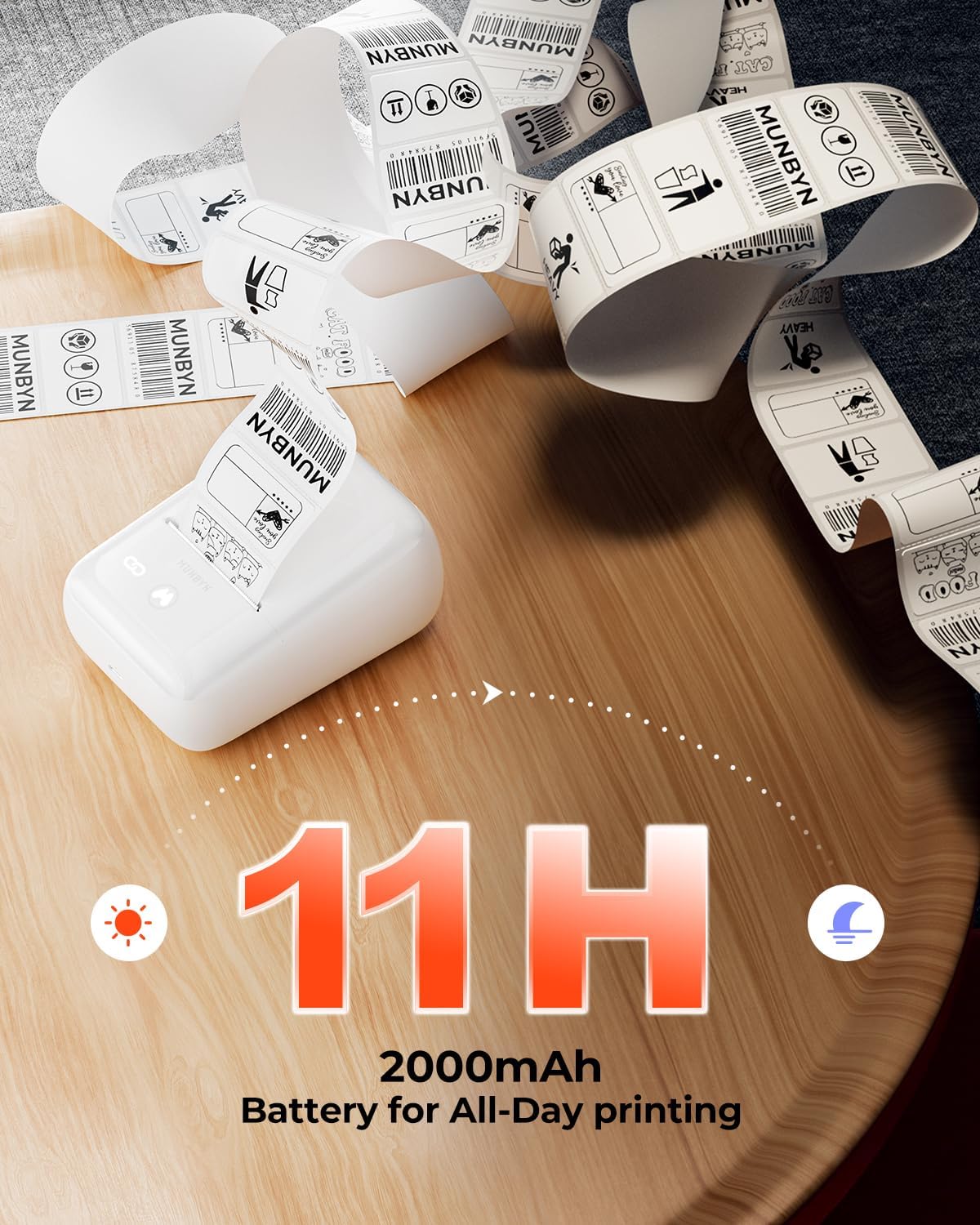 MUNBYN FM226 Label Maker with Tape, Bluetooth Inkless Portable Thermal Sticker Machine,for 0.78-2inch Labels, for Small Businesses, Office Supplies, Address, Clothing, 11H Working Time,White