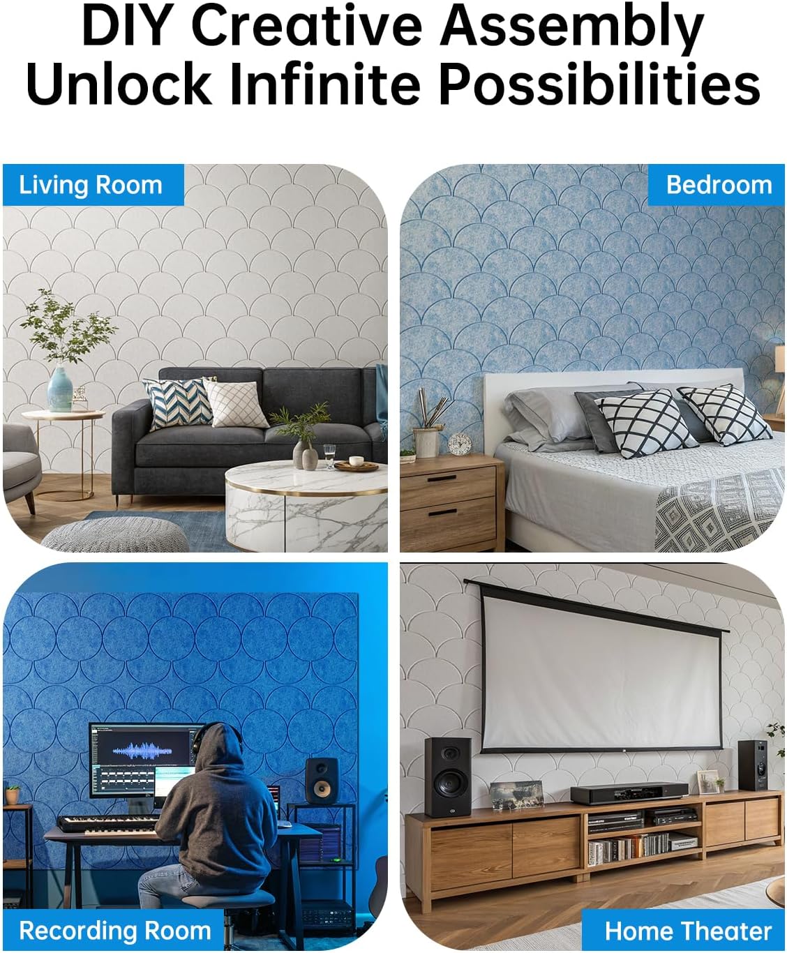 Soundsbay 12-Pack Acoustic Panels Self-Adhesive, 10.6lb/ft³ High Density Soundproof Wall Panels, 12" X 12" Acoustic Wall Panels for Door, Ceiling, Home Office, White