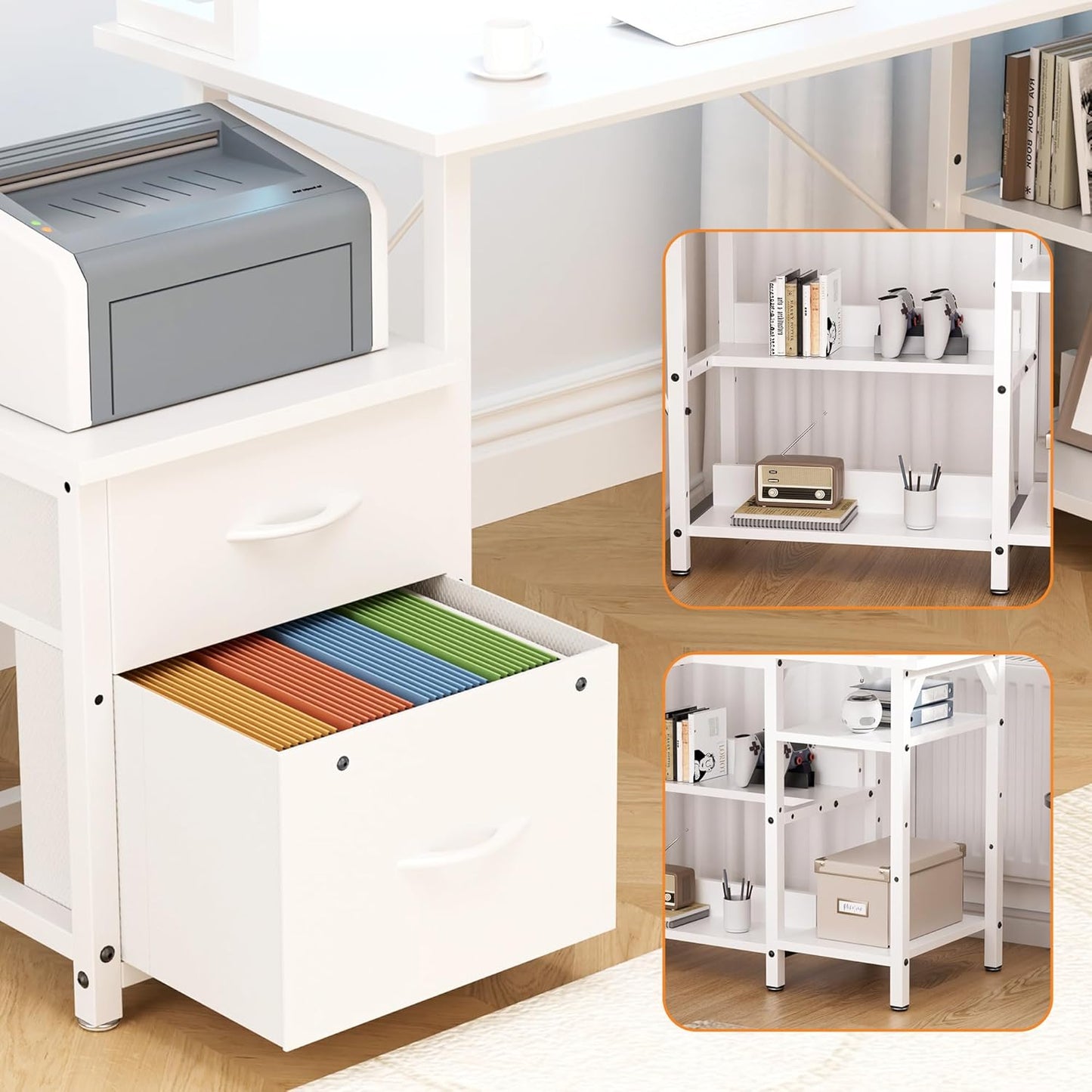 YOUNGAR 69.3" Home Office Desk with Storage, Reversible L Shaped Computer Desks, Corner Gaming Office Desk with 2 File Drawers&Power Outlet, All White