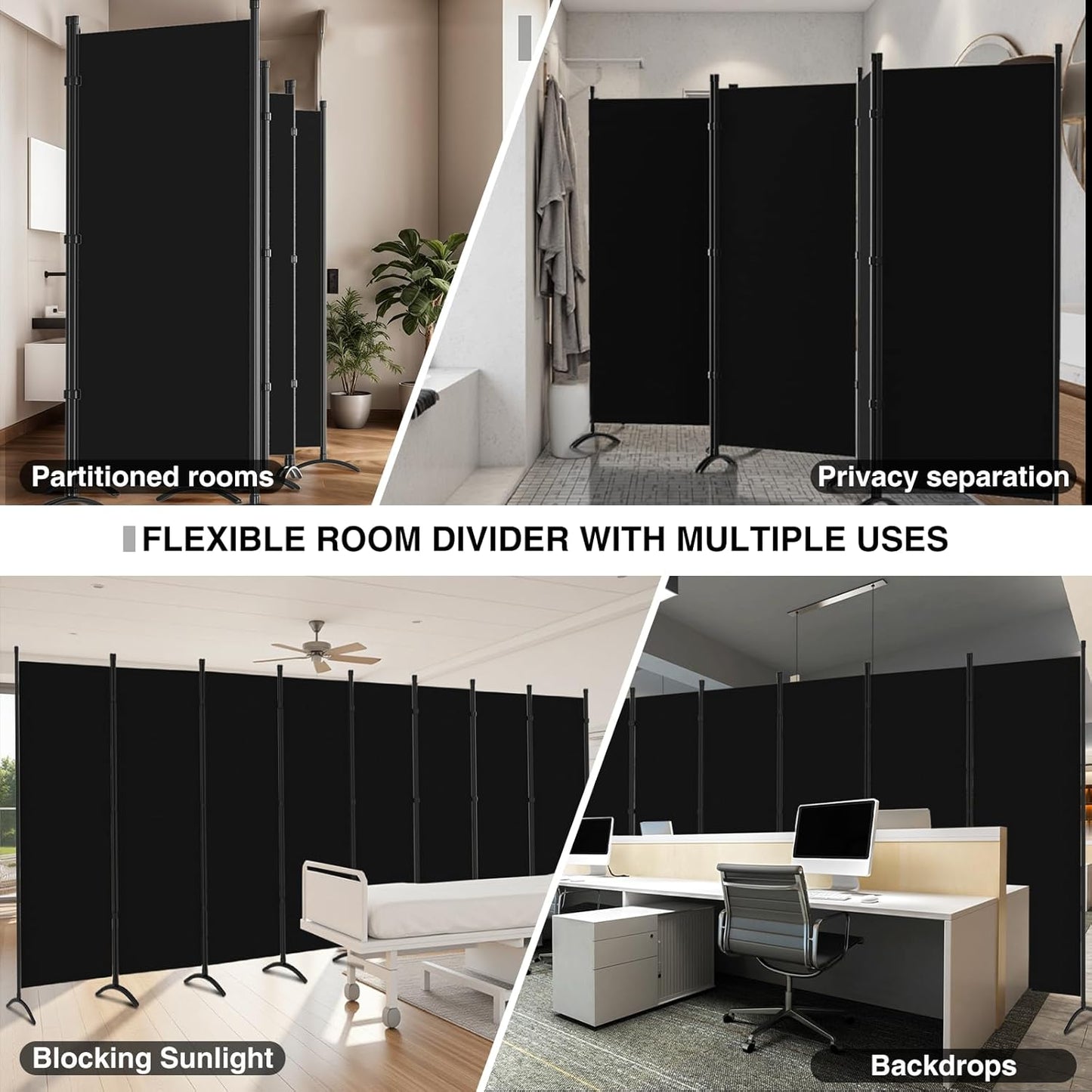 Room Divider-Folding Privacy Screens, 6 ft Partition Room Dividers Wall for Separation, Home, Office, Classroom, Studio (Black, 8 Panel)