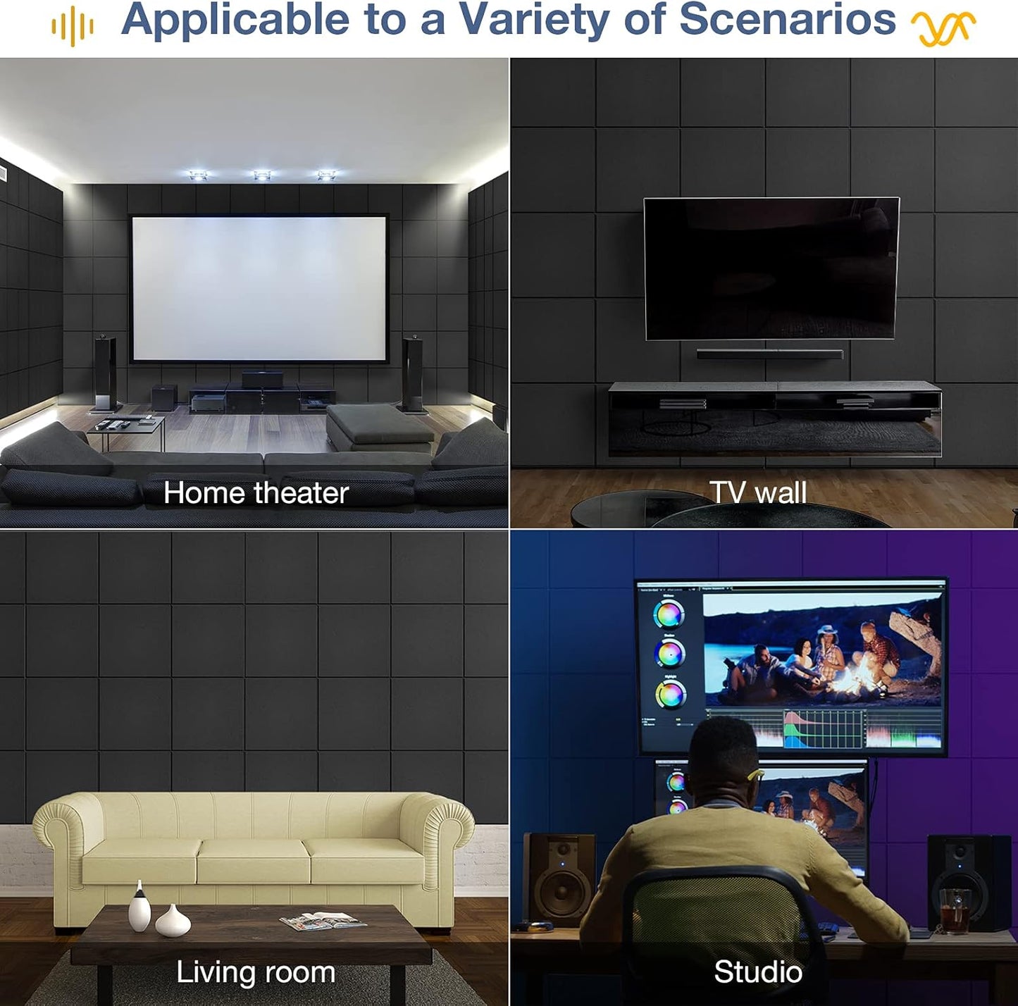 12 Pack Self-Adhesive Acoustic Panels, 12" X 12" X 0.4" High-Density Polyester Sound Proof Foam Panels for Walls, Soundproof Wall Panels for Home & Office (Black)