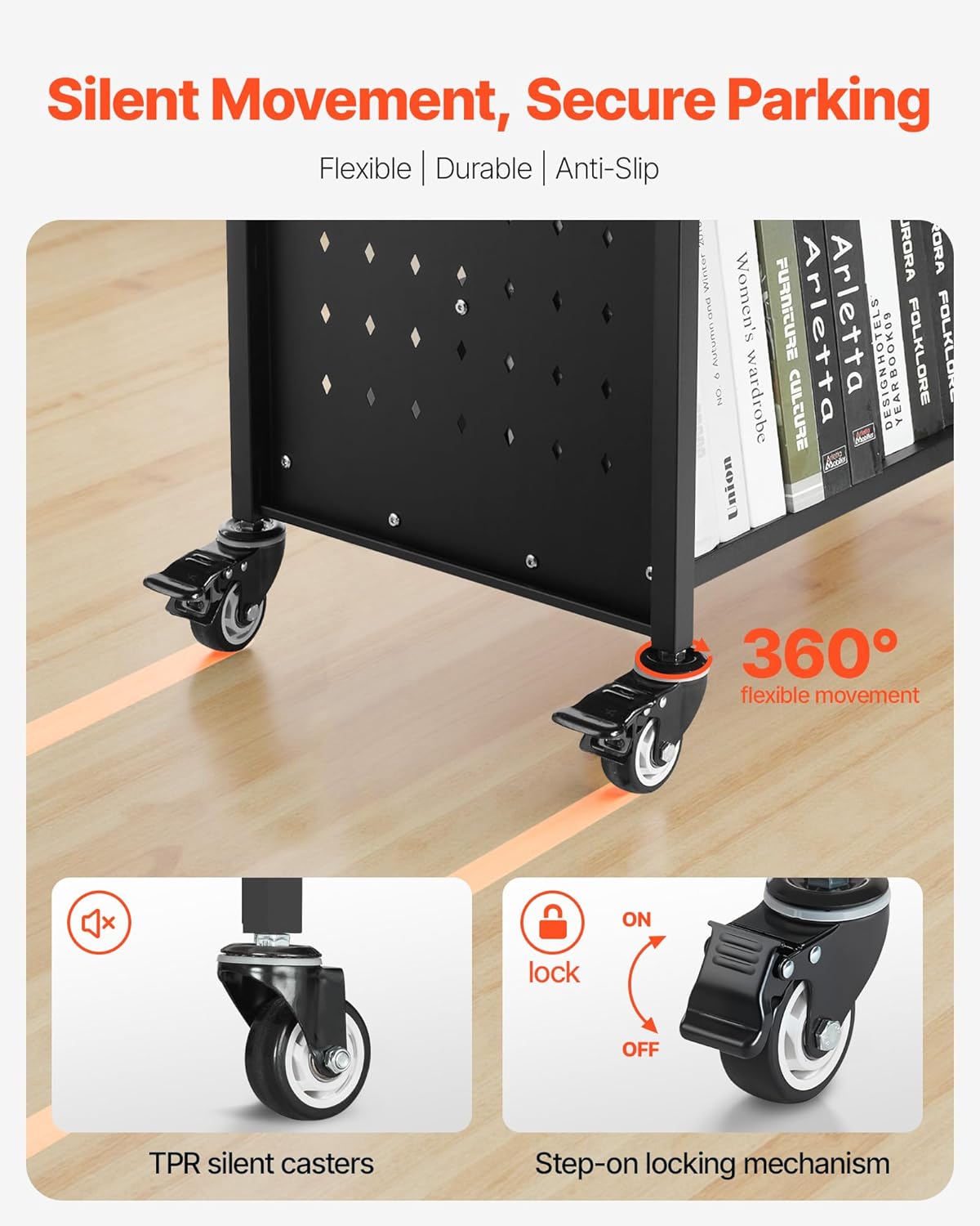 VEVOR Rolling Library Book Cart, 330 lbs Capacity, 38.2 x 20.3 x 48.2-Inch Library Cart, Double Sided W-Shaped Shelves with 3-Inch Lockable Wheels, Book Truck for Home Shelves Office and School, Black