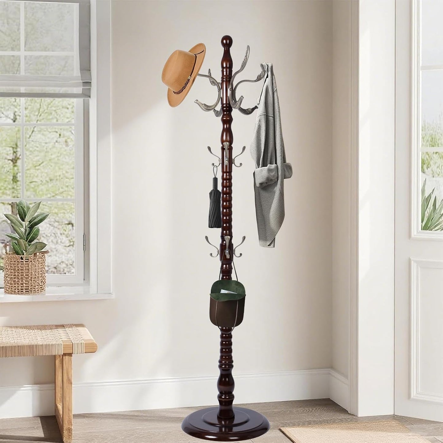Wooden Coat Rack Freestanding with Resin Hooks, Adjustable Heavy Duty Stand for Hanging Coats, Bags, Hats, and Umbrellas in Living Room, Bedroom, Entryway (Rosewood-Metal Hook)
