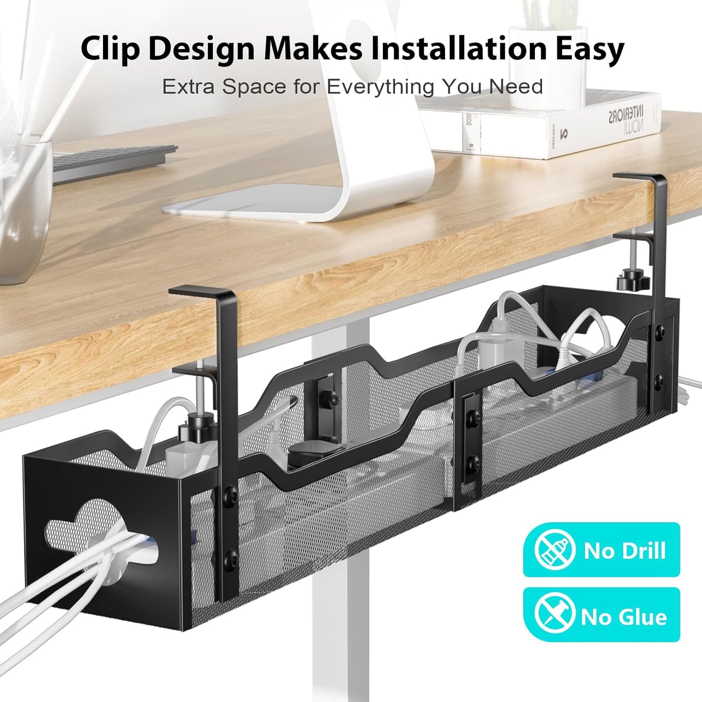 Under Desk Cable Management Tray 24.8", Quszmd Cable Organizer No Drill, Standing Cord Organizer and Wire Management Tray - No Damage to Desk, Black