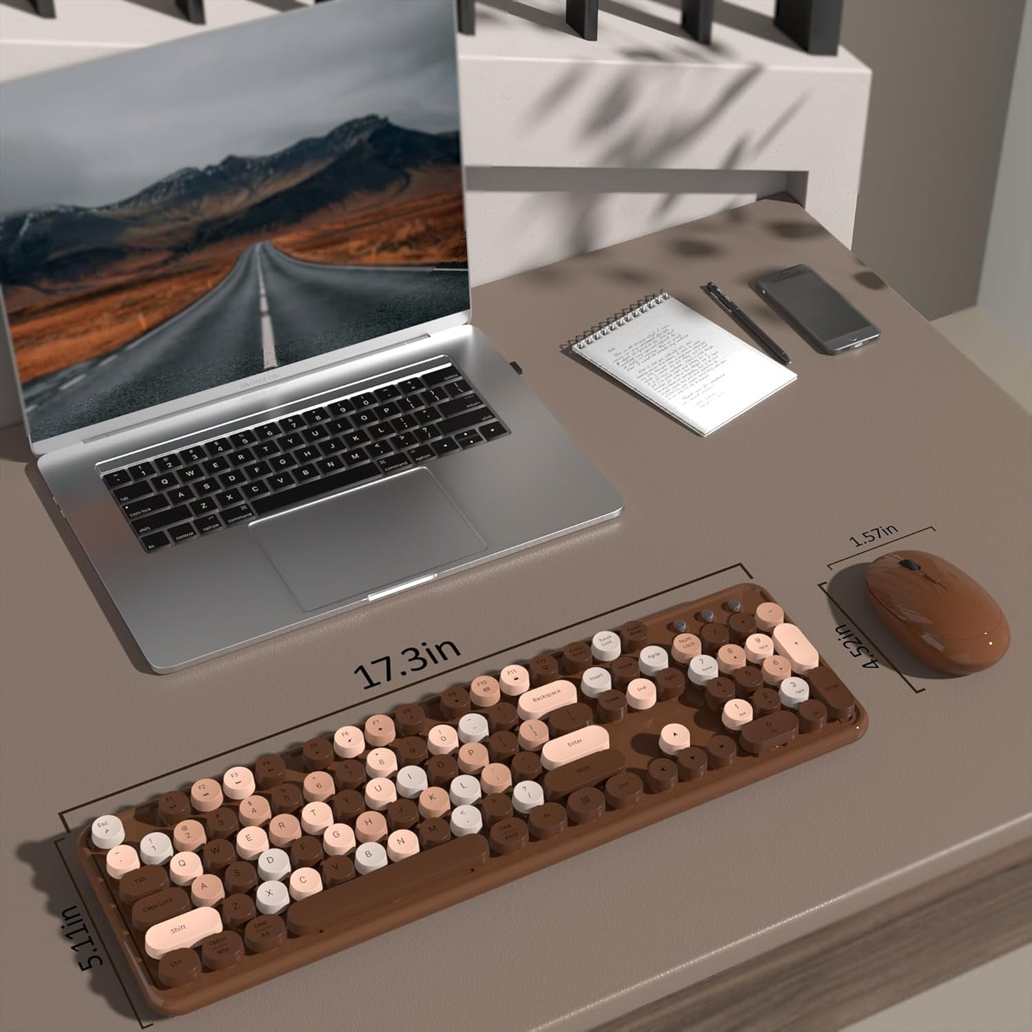 Colorful Wireless Keyboard and Mouse Combo, COVEVA 2.4GHz Wireless Retro Cute Round Keycaps Keyboard, 104 Keys Full-Sized Keyboard Mouse Set with Switch Button for PC Laptop Desktop (Brown Colorful)