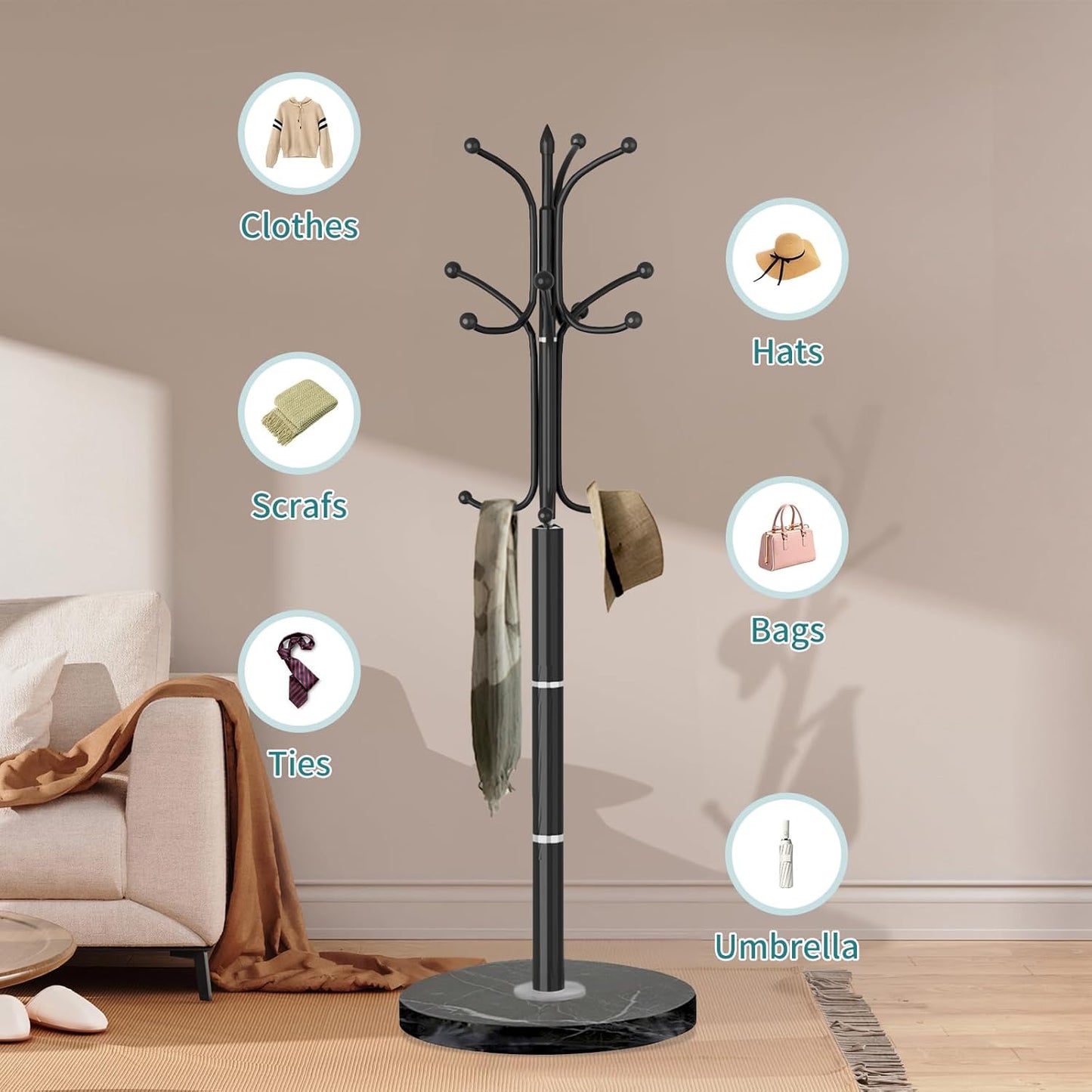 Coat Rack with Natural Marble Base, Metal Modern Coat Racks Freestanding, Coat Rack Stand with 12 Hooks, Coat Tree Hats Hanger Stand for Entryway, Hallway (12 Hooks-Black)