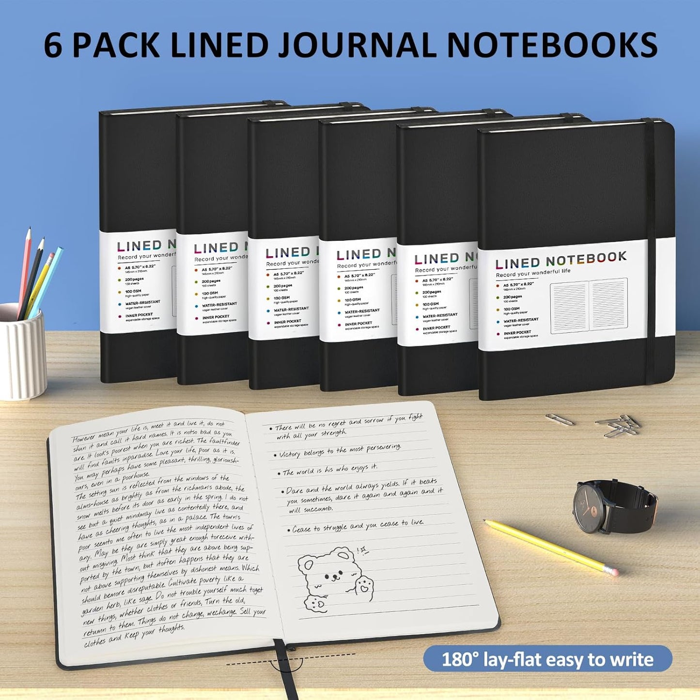 6 Pack Black Lined Hardcover Journal Notebook with 200 Pages, 8×5.7in, A5 journal Notebook, Journaling Notebooks for Work, School, Office,Women, Men, College Ruled Notebook, Hardcover Leather Journals