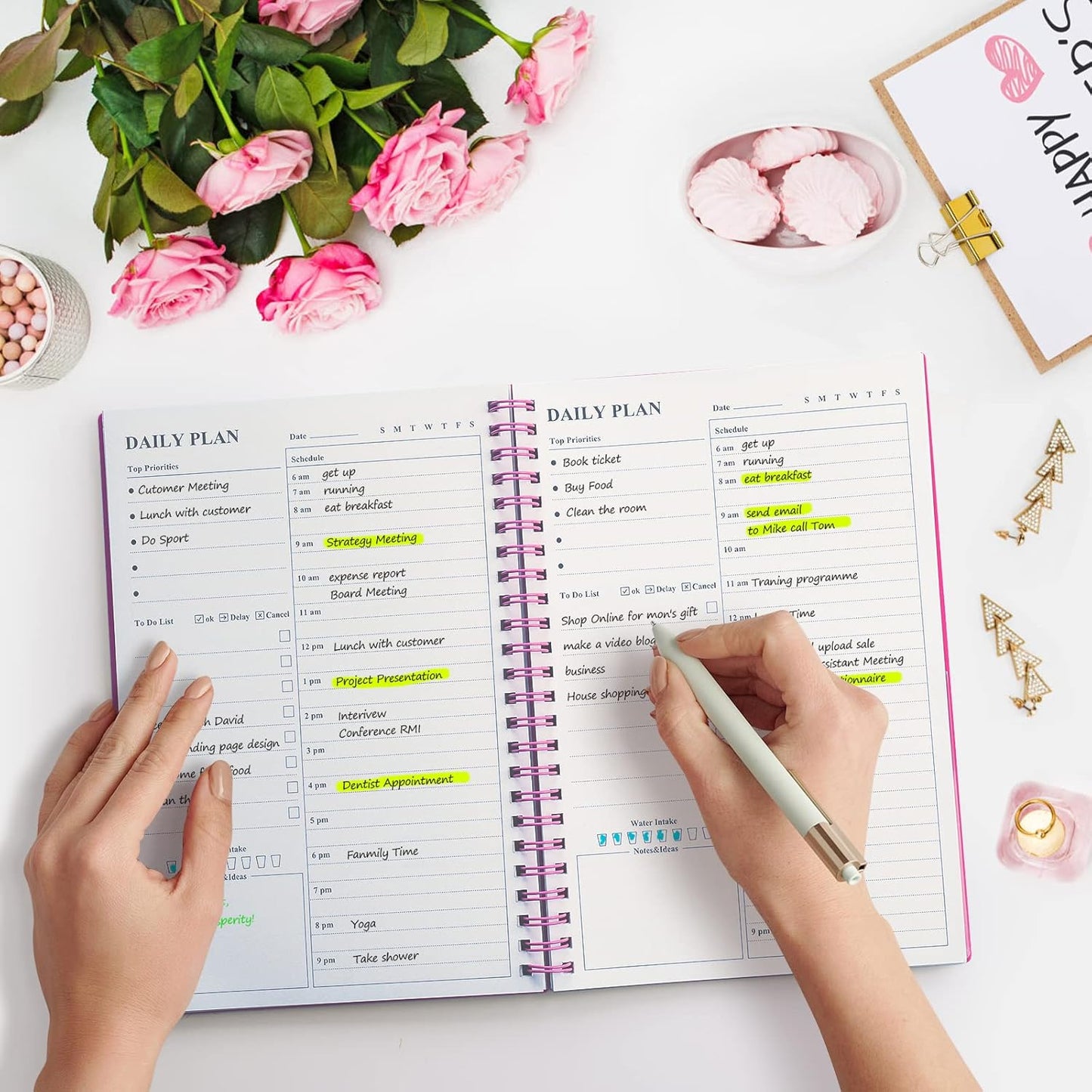 Daily Planner Undated, Asten To Do List Notebook Hourly Schedules Spiral Appointment Planner for Men and Women,PVC Hardcover,Elastic Closure, Inner Pocket 8.3" x 5.8" (Pink)