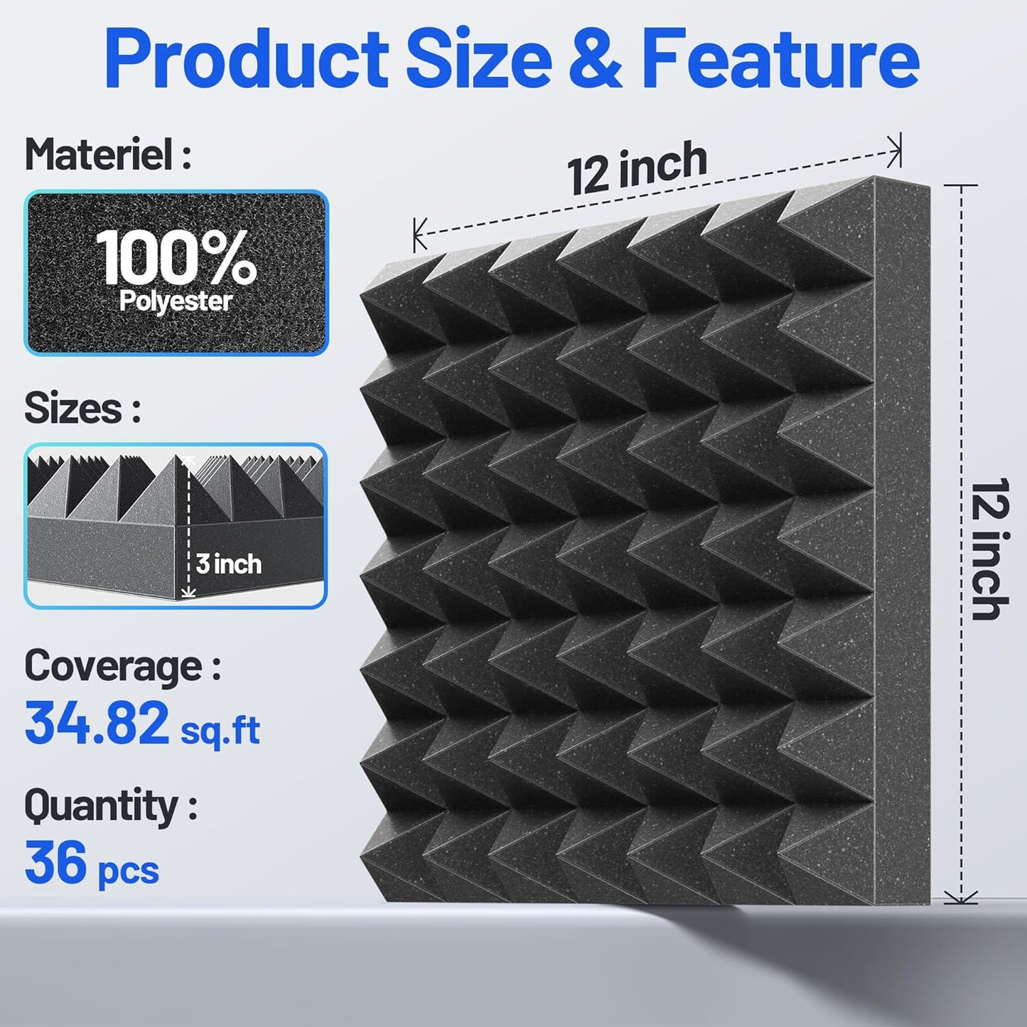 36 Pack Pyramid Sound Proof Foam Panels for Walls with Updated Self-Adhesive 3"X12"X12" High Density Acoustic Panels Sound Absorbing Fast-Expanding Soundproof Wall Panels for Gaming Studio Decor-Black