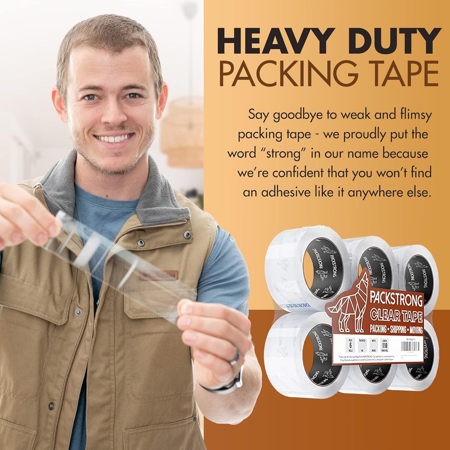 Packstrong Industrial Grade Clear Packing Tape 60 Rolls - 110 Yards per Roll - 3" Wide x 2.0 mil Thick, Acrylic Adhesive Heavy Duty Tape for Box Office Moving Packaging Shipping