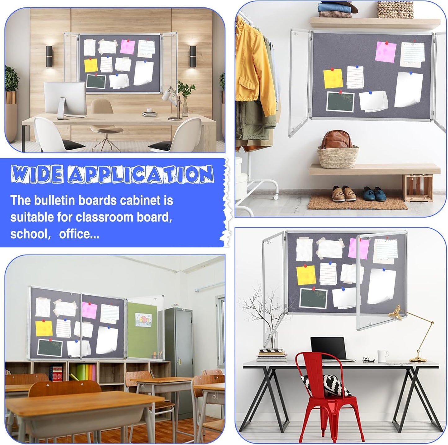 Enclosed Bulletin Board 48" x 36" Weather Resistant Lockable Notice Cork Display Board Wall Mounted 2 Locking Door for School Classroom Commercial Back to School, 12 x A4(Gray, Silver Frame)