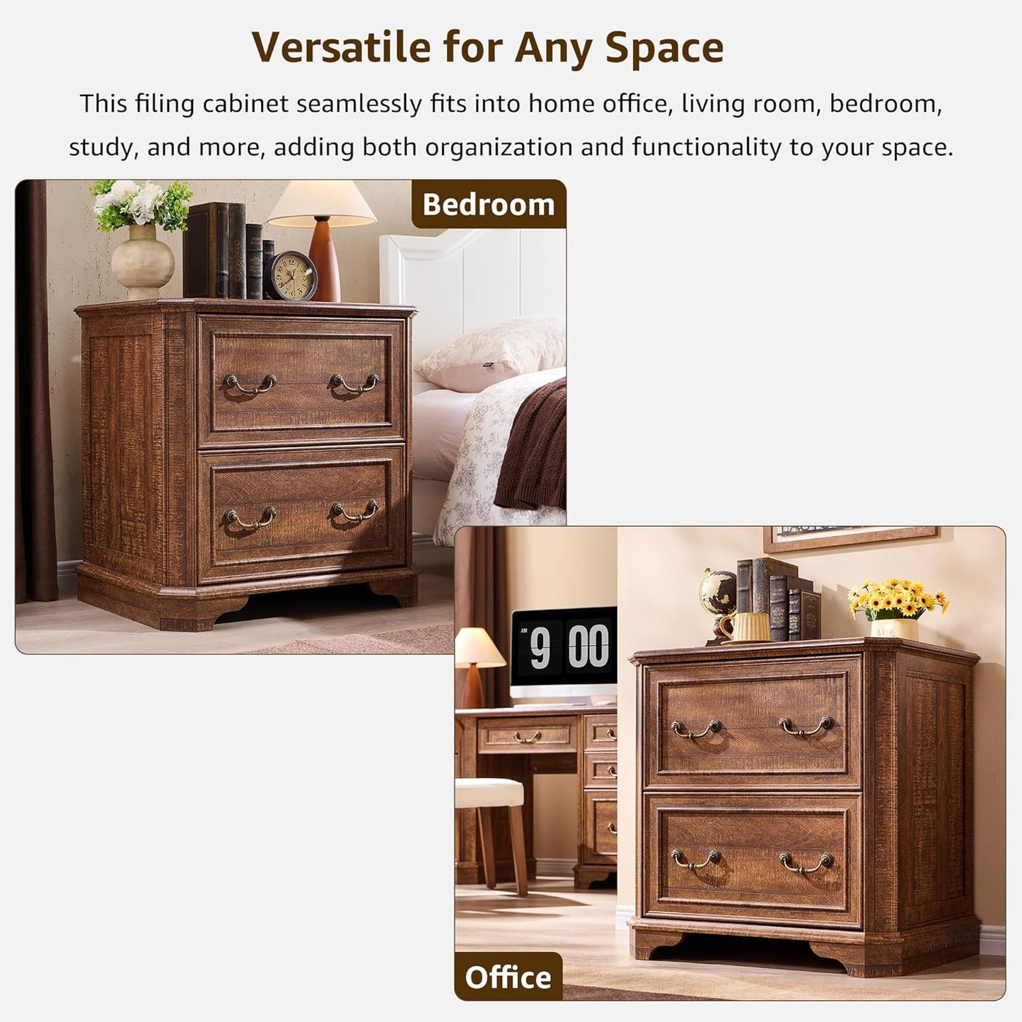 T4TREAM 2 Drawer File Cabinet-30 Wide Wooden Extended Desktop, Farmhouse Filing Cabinet with Smooth Rails, Holds Letter/Legal/A4, Hexagonal Design & Framed Drawer Fronts, Reclaimed Barnwood