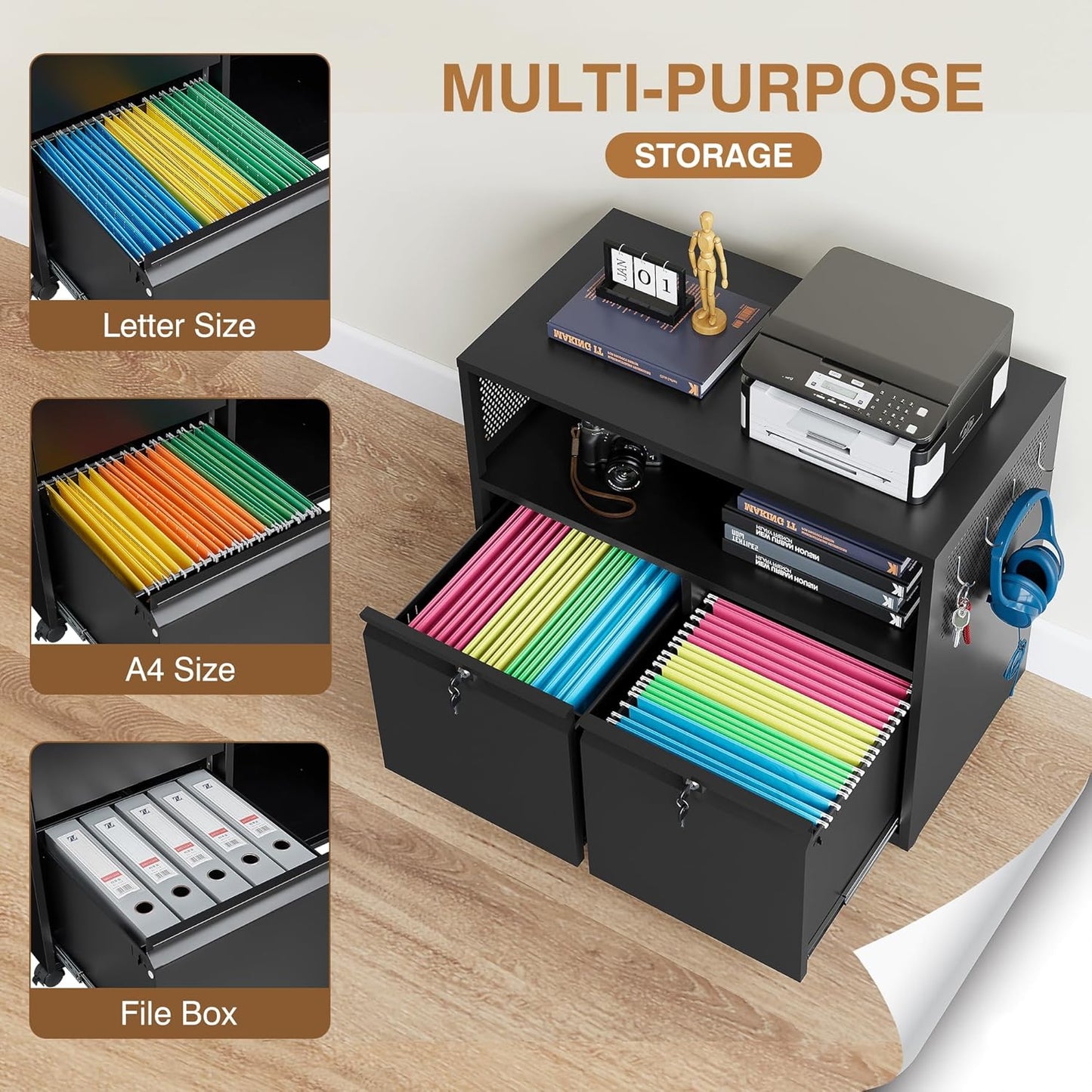 Mobile Filing Cabinet with Lock,Metal Lateral File cabinets Printer Stand with Storage Cabinets for Home Office,A4/F4/Letter (Black)