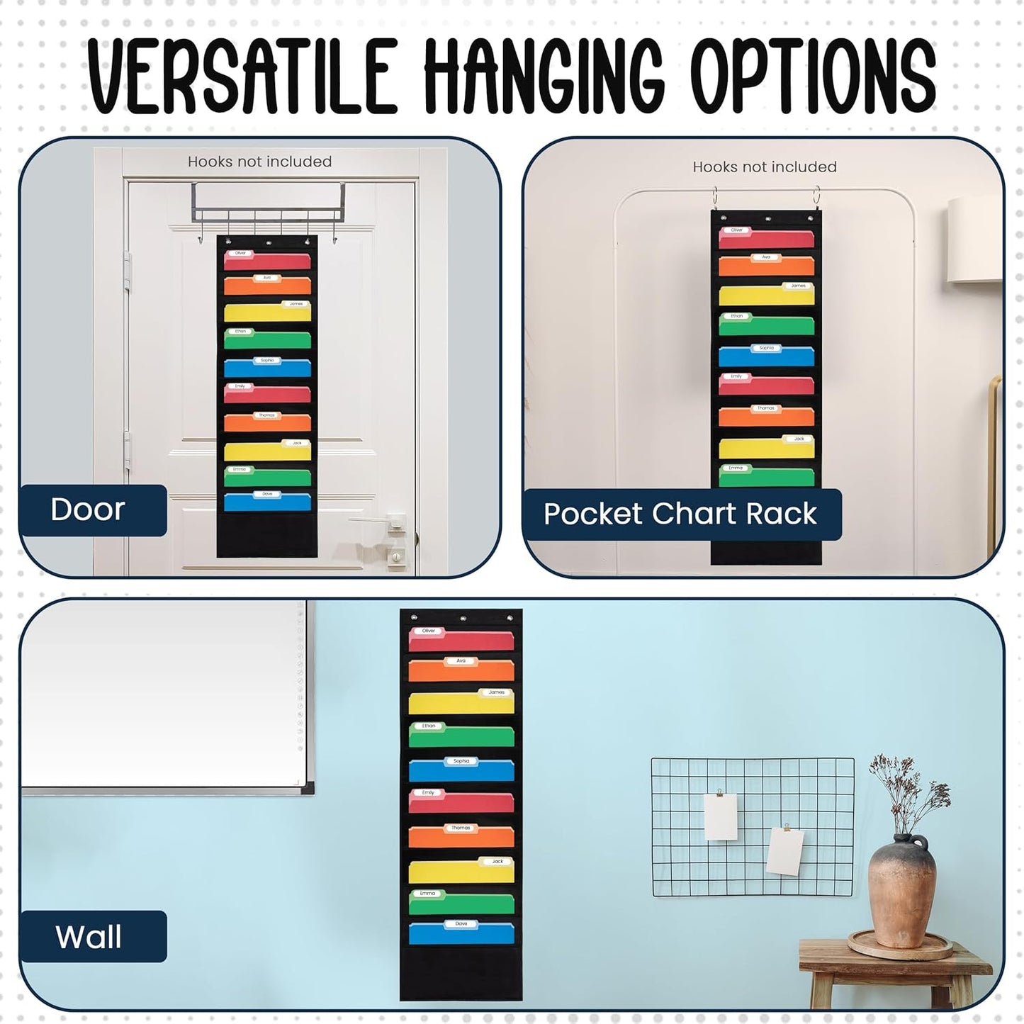 Essex Wares - 10 Pocket File Pocket Chart, Black, 14" Wide x 47" Tall - Versatile Wall Hanging File Folder Organizer for Classroom, Office, Home, and More - Wall Folder Organizer - 10 Pockets