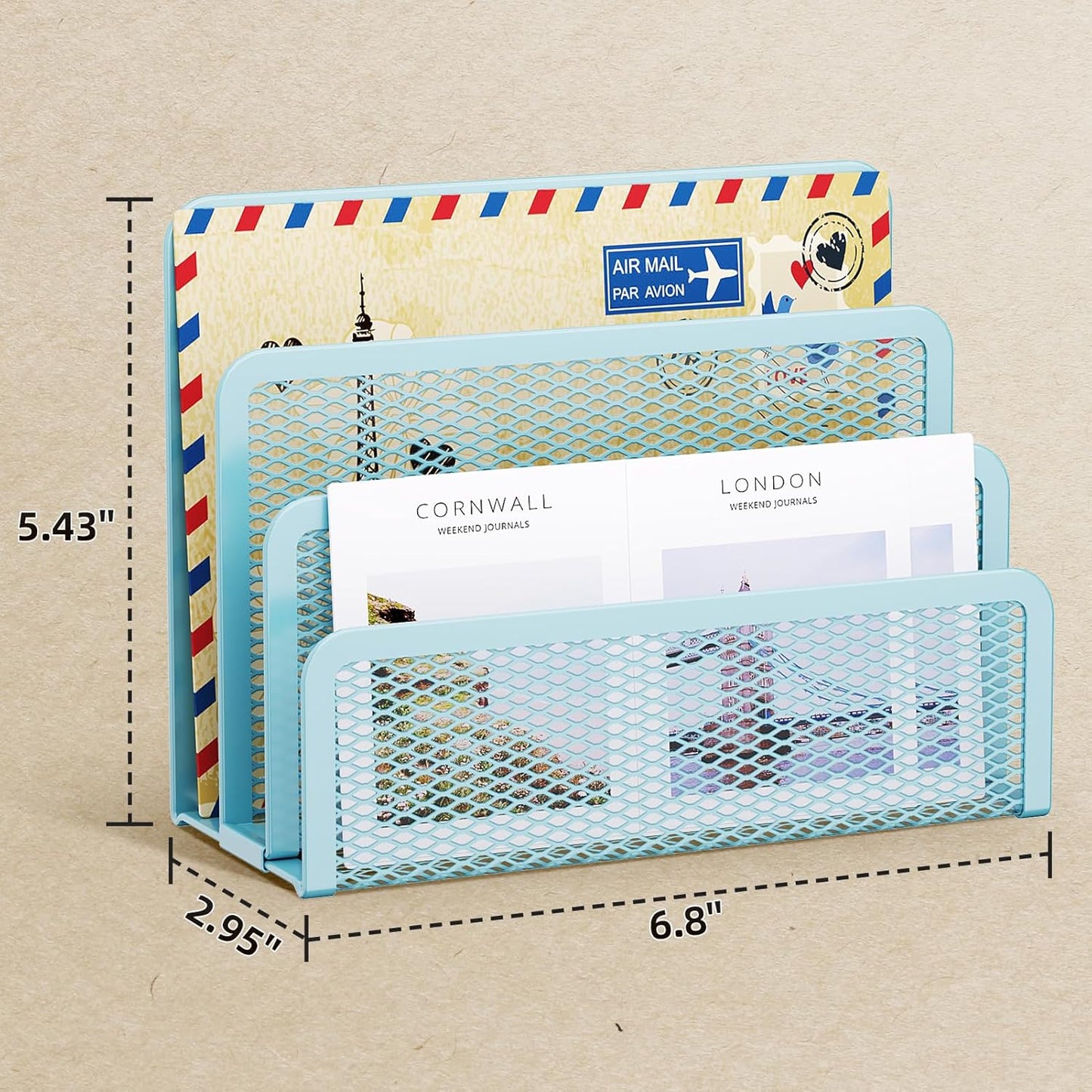 Marbrasse Mail Organizer for Desk, 3-Slot Mesh Metal Mail Holder countertop, Letter Holder, Office Desktop Envelope and Document Storage Rack (Blue)