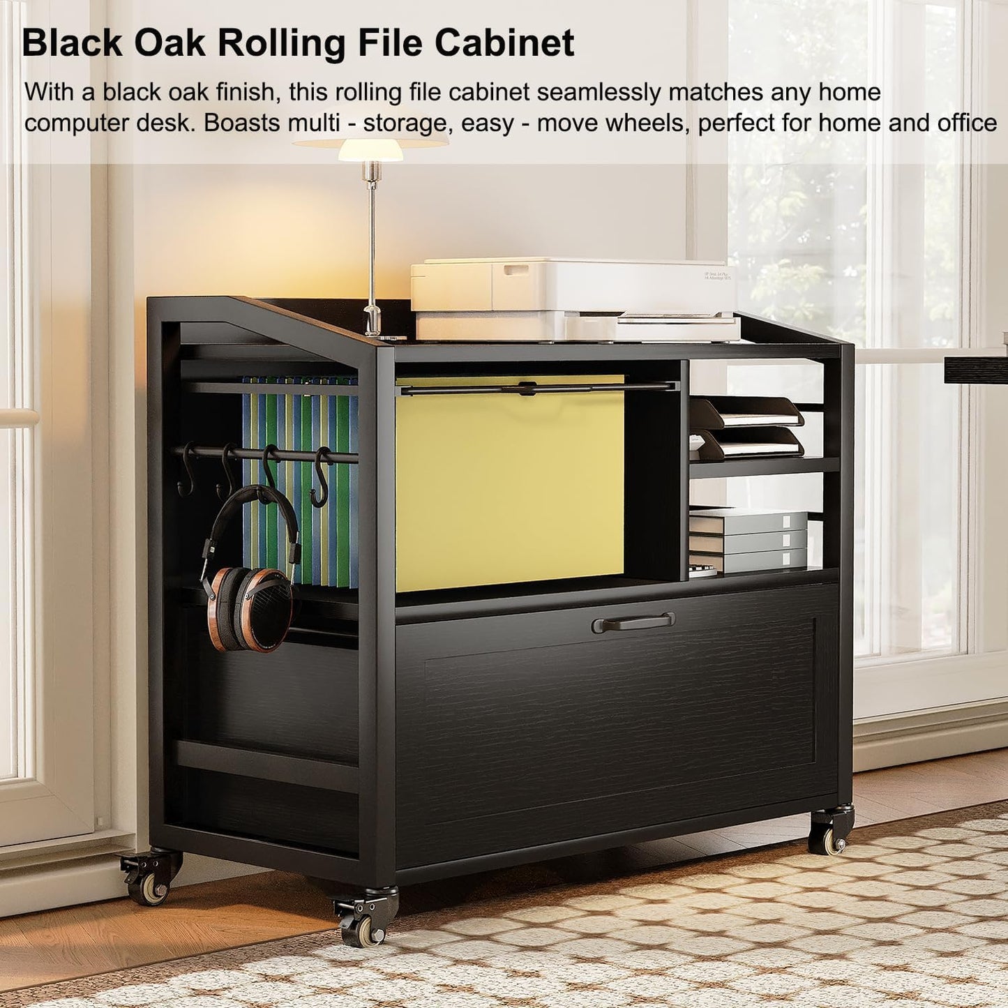 HSH Rolling Lateral File Cabinet with Storage Drawer, Black Mobile Filing Cabinet for Legal/Letter Size, Wood Metal Printer Stand with Shelves, Wheels & Hanging File Folder for Home Office Desk, 33 In