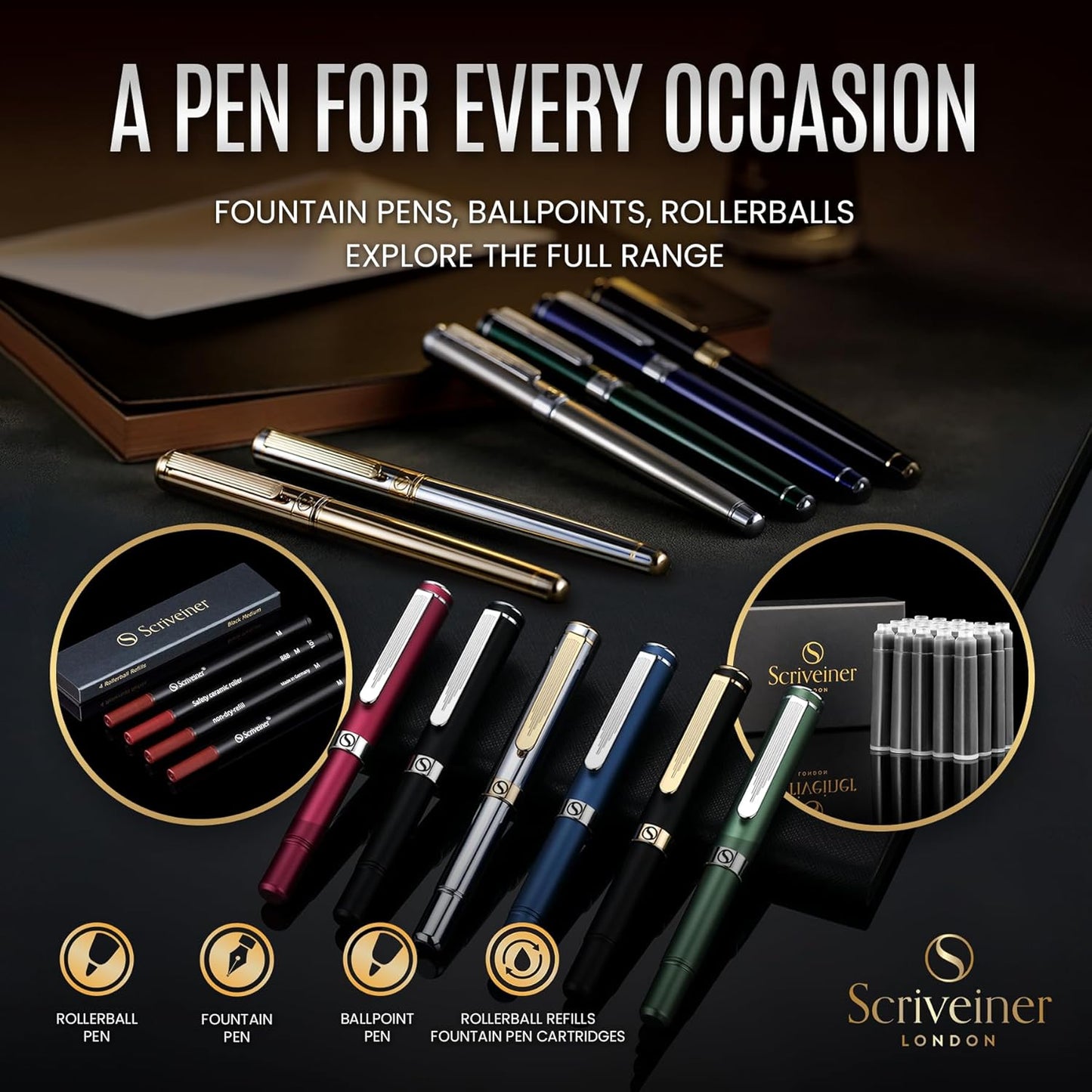 Scriveiner Midnight Blue Ballpoint Pen - Stunning Blue Lacquer Luxury Pen, Chrome Finish, Schmidt Black Refill, Best Ball Pen Gift Set for Men & Women, Professional Executive Office, Nice Designer Pen
