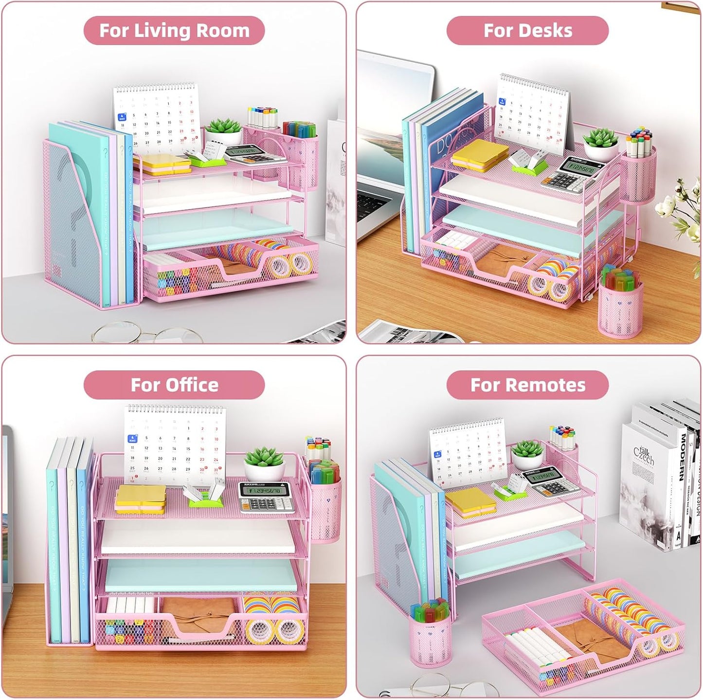 Marbrasse Desk Organizer and Accessories,4-Tier Paper Letter Tray Organizer with File Holder, Workspace Desk Organizers Accessories with Drawer and 2 Pen Holder (Pink, 15.4" x 9.1" x 8.3")