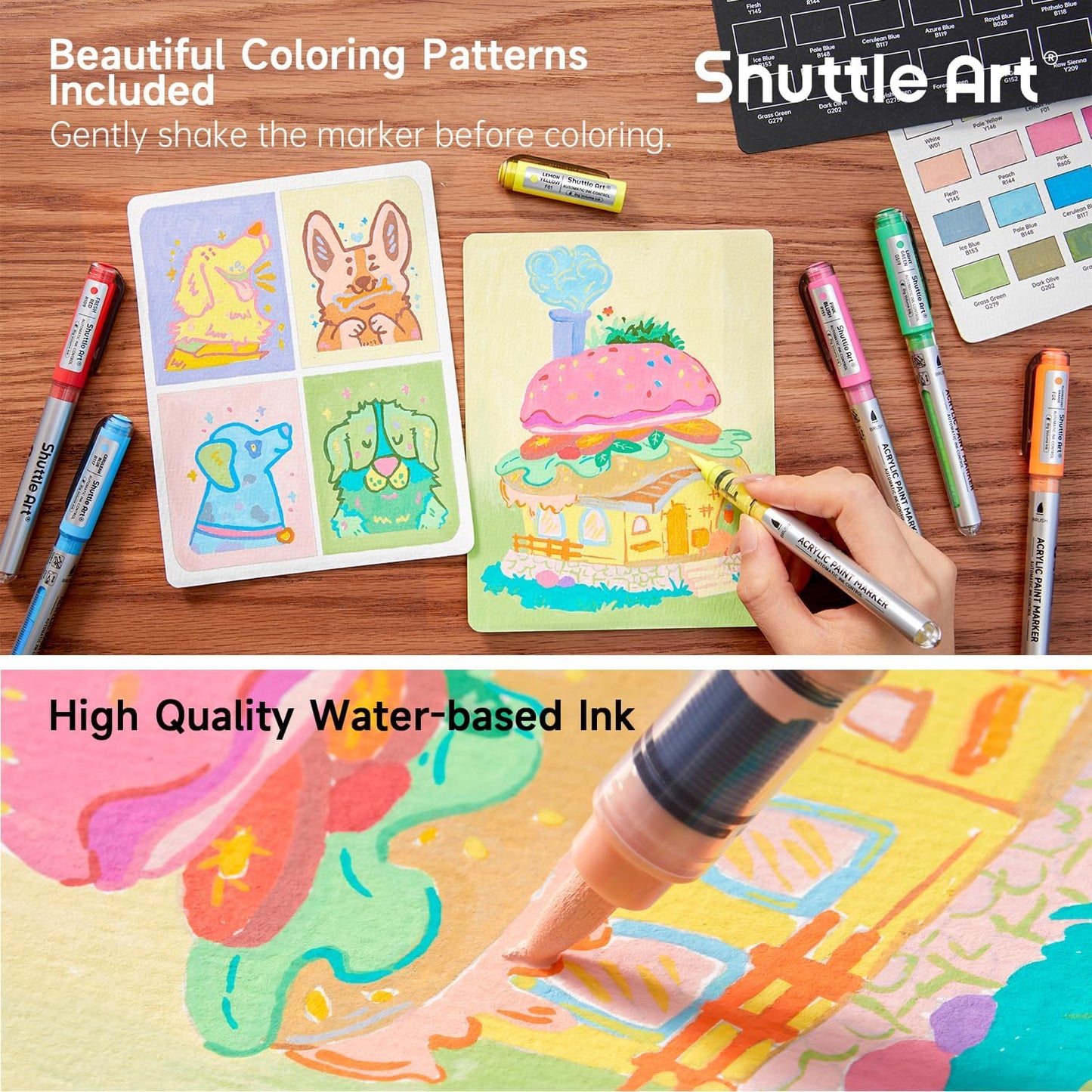 Shuttle Art Automatic Ink Control Acrylic Paint Markers, 48 Colors Brush Tip Acrylic Paint Pens for Rock Painting, Ceramic, Wood, Canvas, Glass, Stone, Fabric, Card Making, DIY & Art Supplies