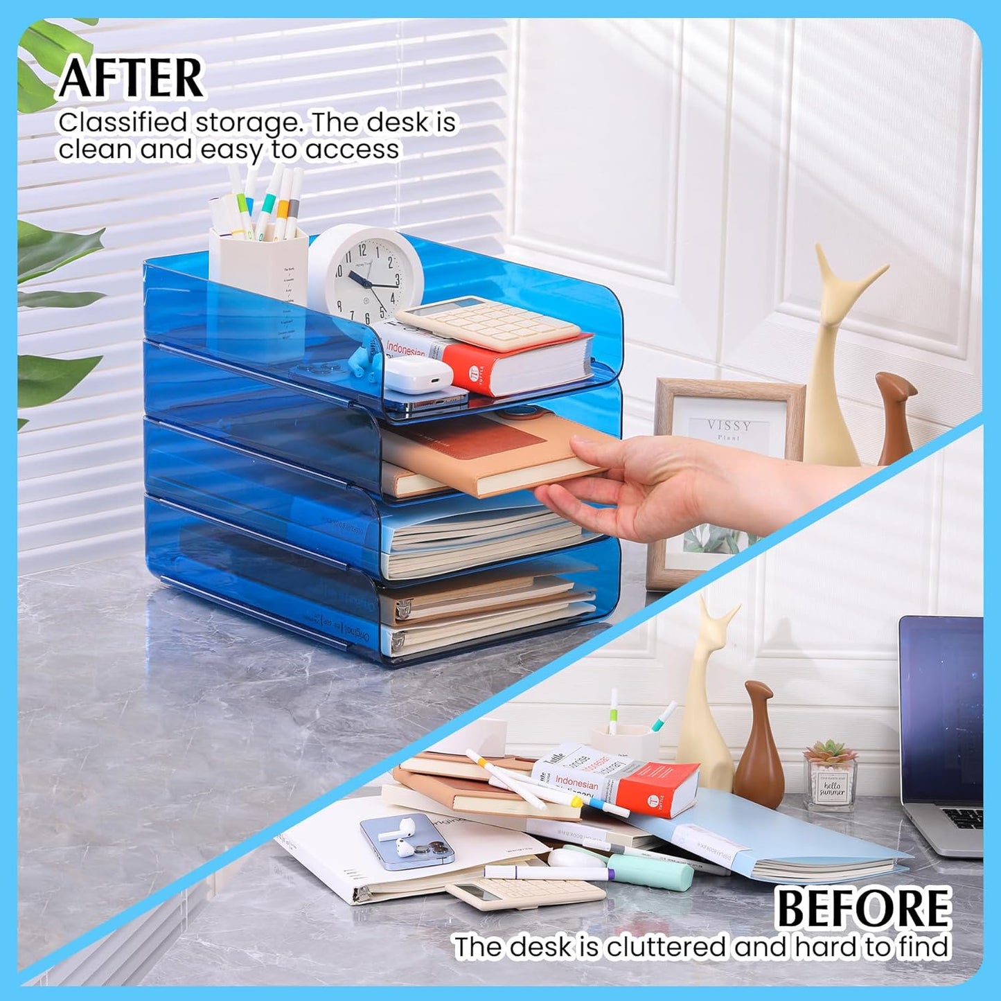 2 Pack Stackable Paper Tray File Organizer for Desk, Office Organizer and Storage for Desk Accessories, Notes, Books, File Paper, Document, Blue